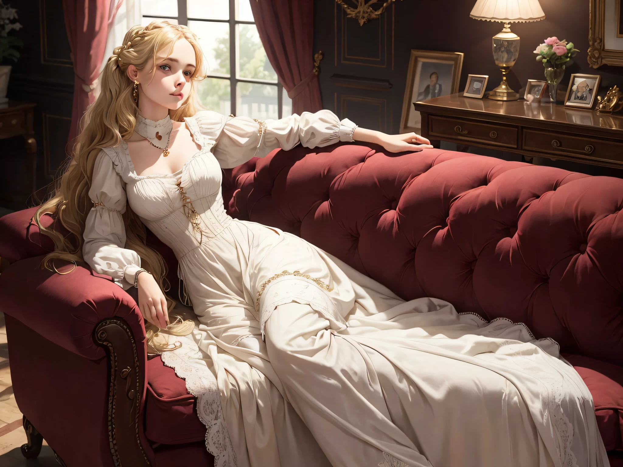 Masterpiece, highest quality, rich mansion of the 19th century, 1 girl, 19th century, fine and beautiful details, perfect anatomy, noble girl, girl in a dress, muslin dress of the 19th century, very long dress, floor-length dress, beautiful dress, muslin dress, expensive jewelry, blonde hair, detailed hairstyle, high hairstyle, best quality, detailing, friendly face, big eyes, beautiful eyes, pink lips, perfect hands, perfect fingers, sitting on a beautiful sofa