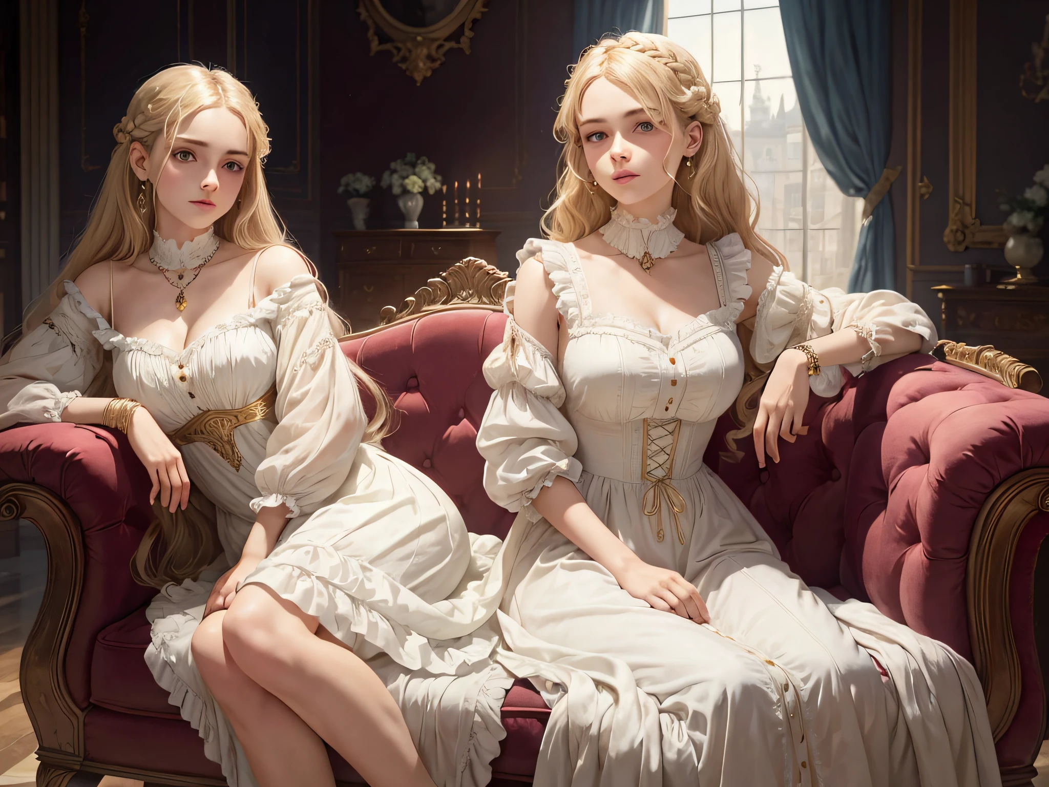 Masterpiece, highest quality, rich mansion of the 19th century, 1 girl, 19th century, fine and beautiful details, perfect anatomy, noble girl, girl in a dress, muslin dress of the 19th century, very long dress, floor-length dress, beautiful dress, muslin dress, expensive jewelry, blonde hair, detailed hairstyle, high hairstyle, best quality, detailing, friendly face, big eyes, beautiful eyes, pink lips, perfect hands, perfect fingers, sitting on a beautiful sofa