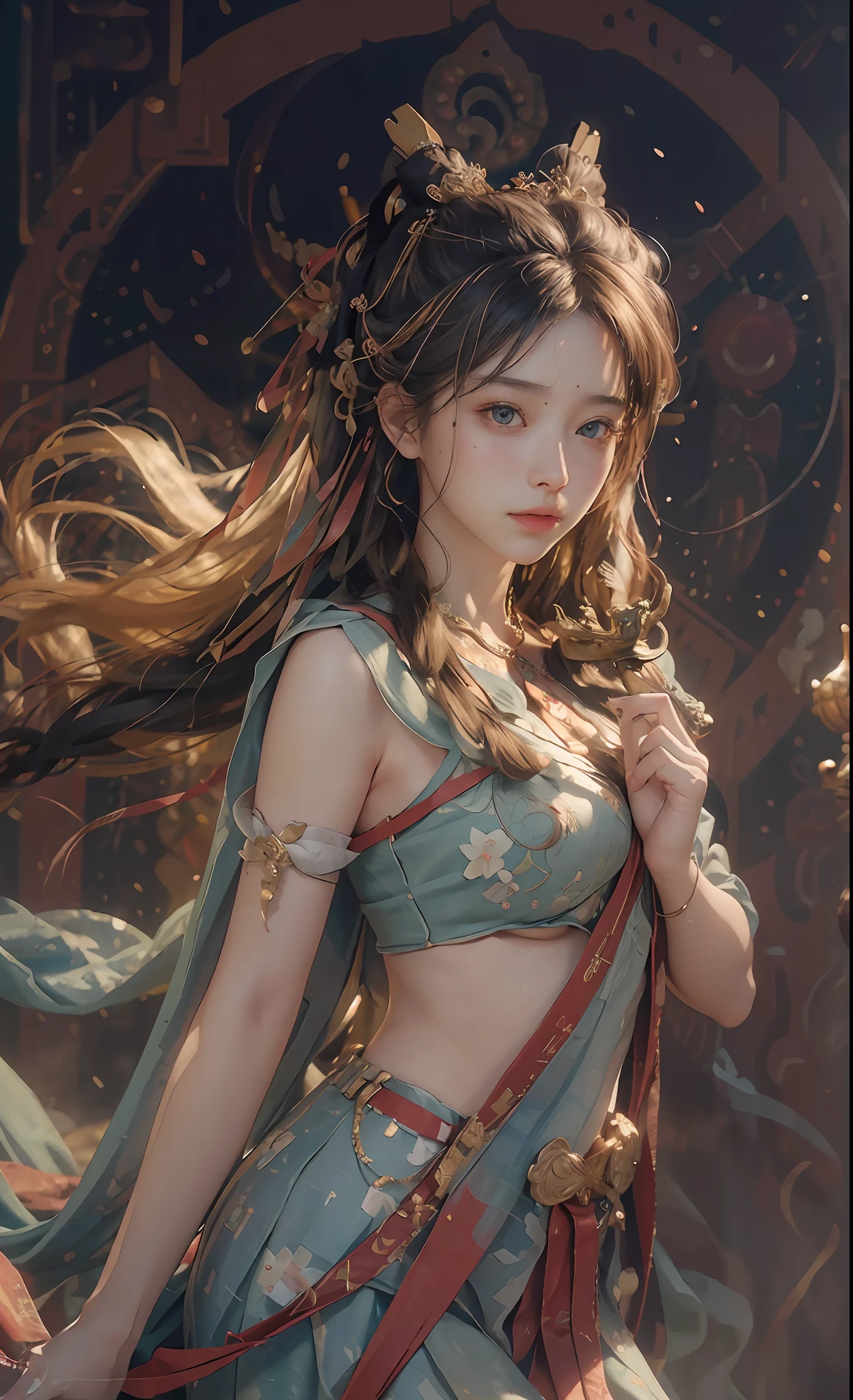 (RAW photo, best quality), (realistic, photo-realistic:1.3),best quality,highly detailed,masterpiece,ultra-detailed,illustration,1girl,upper_body,dynamic angle,world masterpiece theater,messy_long_hair,best quality,extremely detailed CG unity 8k wallpaper,ink,Amazing,cinematic lighting,lens_flare, dunhuang_style