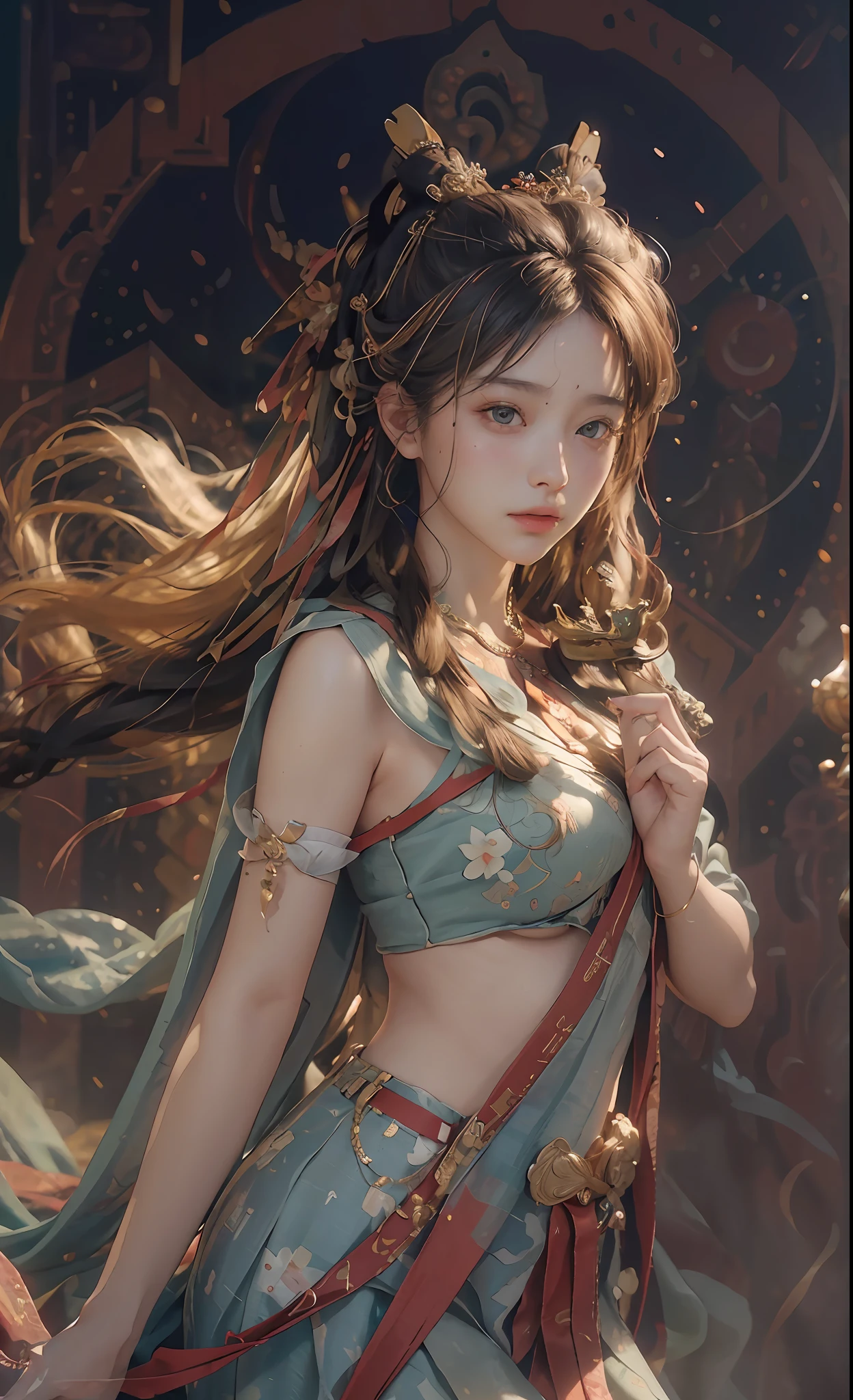 (RAW photo, best quality), (realistic, photo-realistic:1.3),best quality,highly detailed,masterpiece,ultra-detailed,illustration,1girl,upper_body,dynamic angle,world masterpiece theater,messy_long_hair,best quality,extremely detailed CG unity 8k wallpaper,ink,Amazing,cinematic lighting,lens_flare, dunhuang_style