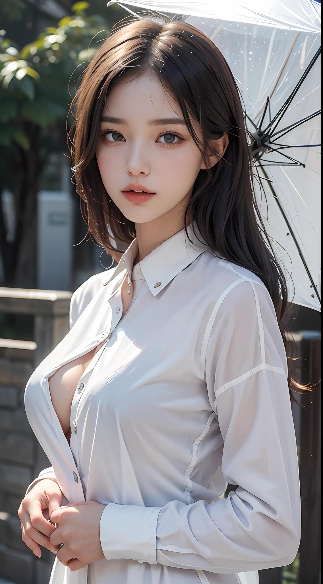 ((Best Quality, 8K, Masterpiece: 1.3)), Sharp: 1.2, Perfect Body Beauty: 1.4, Slim Abs: 1.2, ((Layered Hairstyle, Big Breasts: 1.2)), (Wet White Button Long Shirt: 1.1), (Rain, School: 1.2), Wet: 1.5, Highly detailed face and skin texture, detailed eyes, double eyelids, side face looking at the camera, innocent, (Arrousted: 1.3)