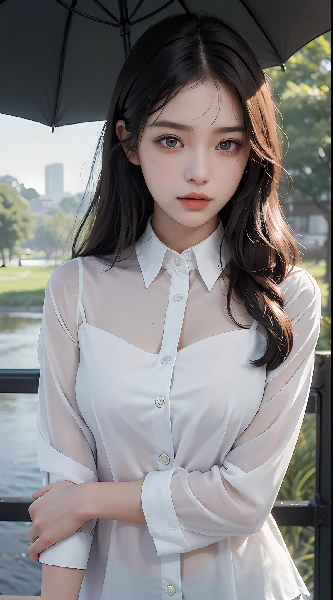 ((Best Quality, 8K, Masterpiece: 1.3)), Sharp: 1.2, Perfect Body Beauty: 1.4, Slim Abs: 1.2, ((Layered Hairstyle, Big Breasts: 1.2)), (Wet White Button Long Shirt: 1.1), (Rain, School: 1.2), Wet: 1.5, Highly detailed face and skin texture, detailed eyes, double eyelids, side face looking at the camera, innocent, (Arrousted: 1.3)
