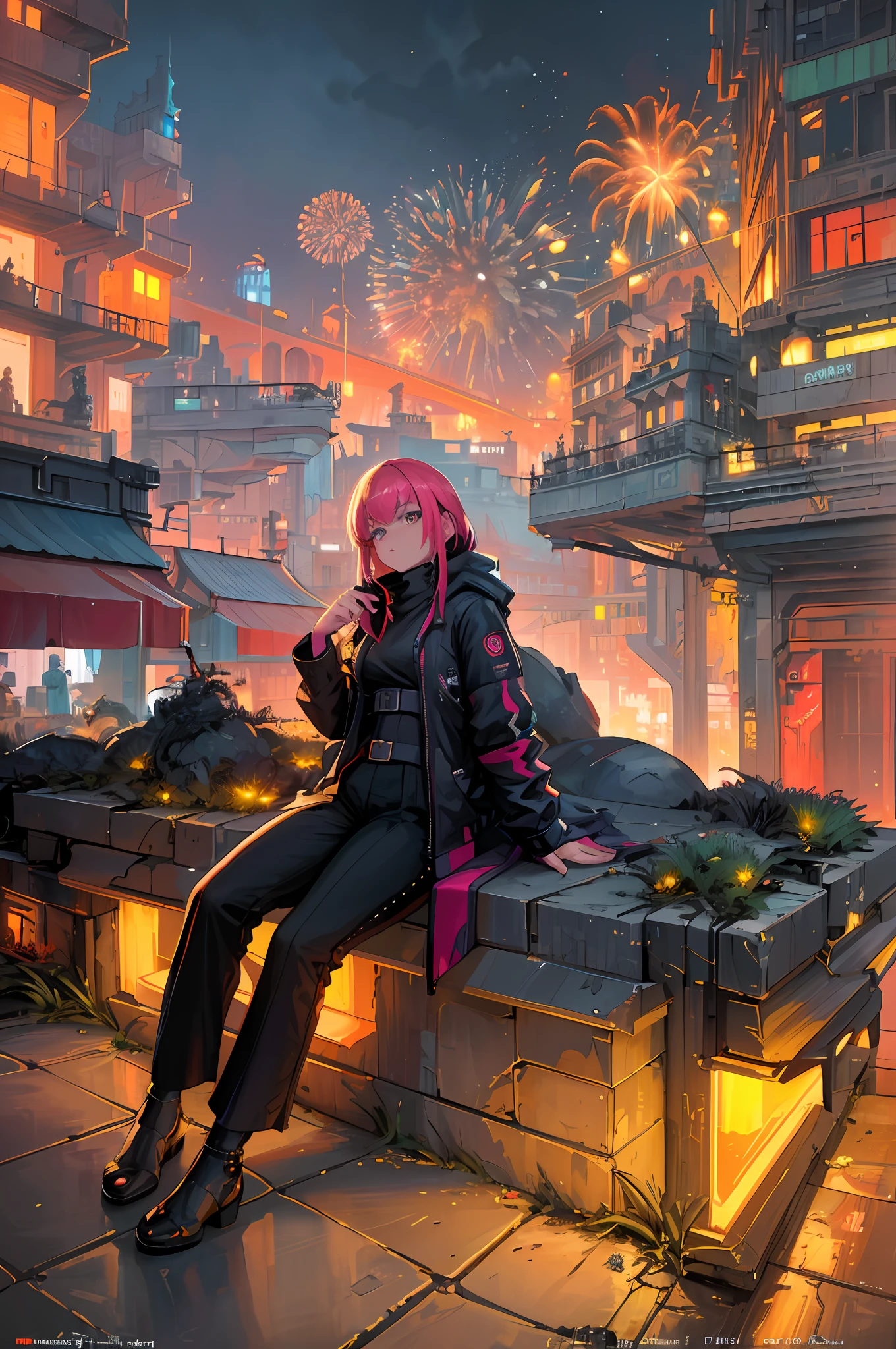 ((masterpiece)),((best quality)),((high detail)),((realistic,)) Futuristic era city, architectural streets, bazaars, cyberpunk, european architecture, night, neon, panoramic view, various buildings, new year, fireworks, panoramic, colorful fireworks, sky with fireworks, landscape, detailed face, detailed bright eye, highly detailed eye