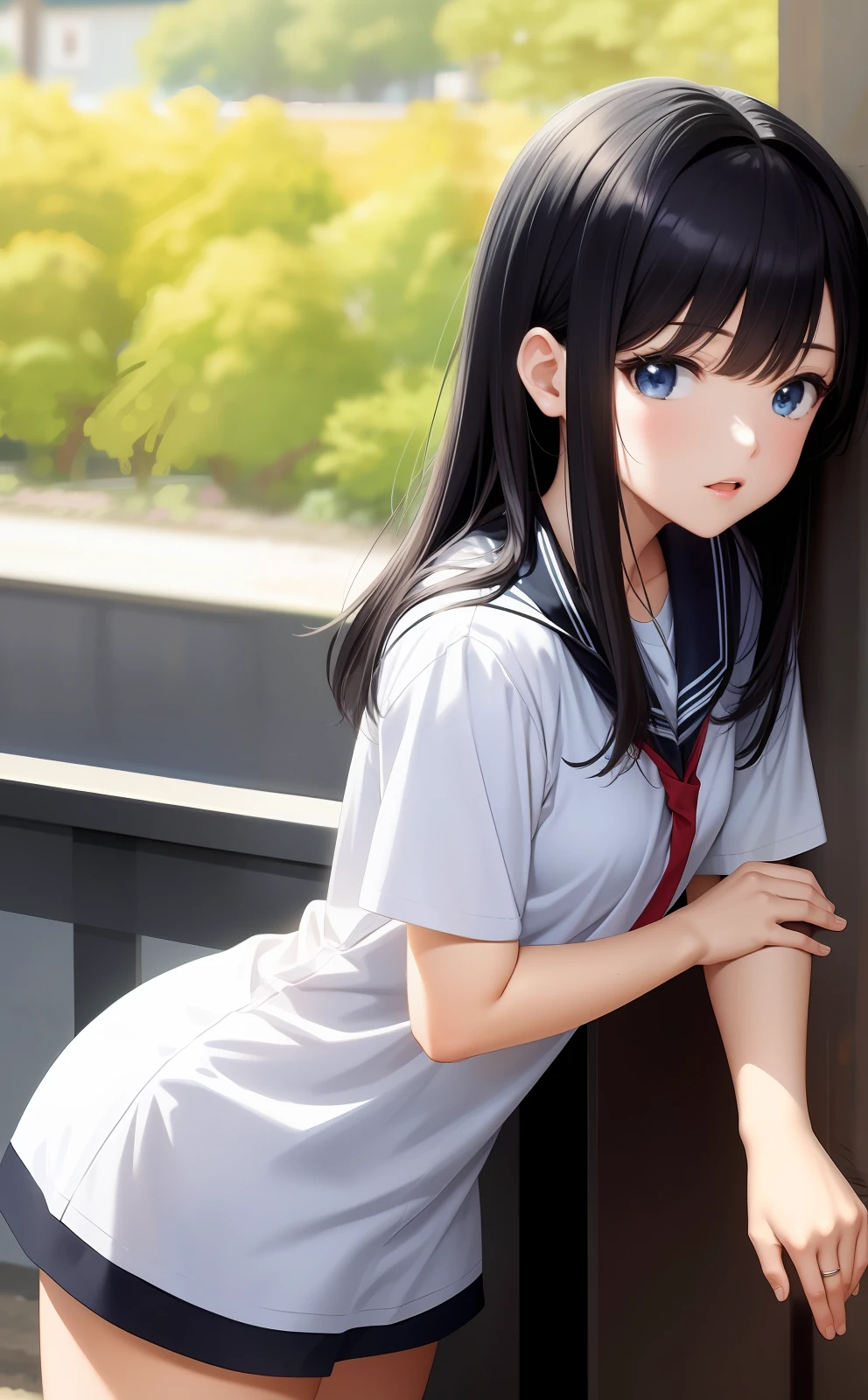 4K, Masterpiece, Best Quality, Anime, Illustration, Black Hair Straight Hair, 1girl, Outdoor, Watch Viewer, Big, High School