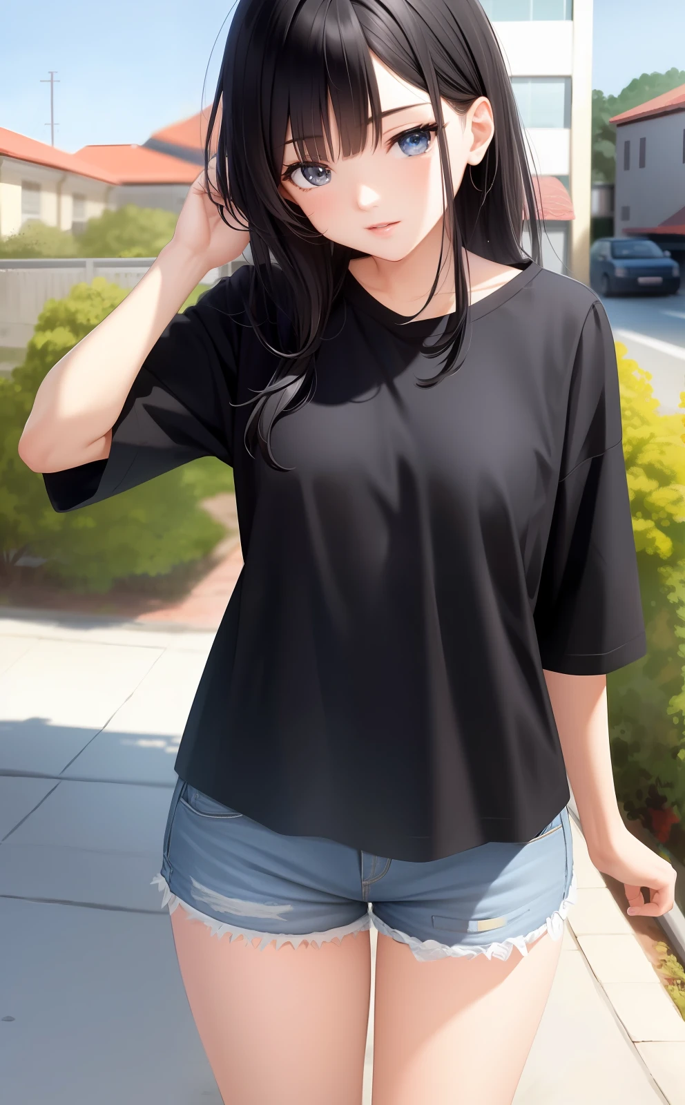 4K, Masterpiece, Best Quality, Anime, Illustration, Black Hair Straight Hair, 1girl, Outdoor, Watch Viewer, Big, High School