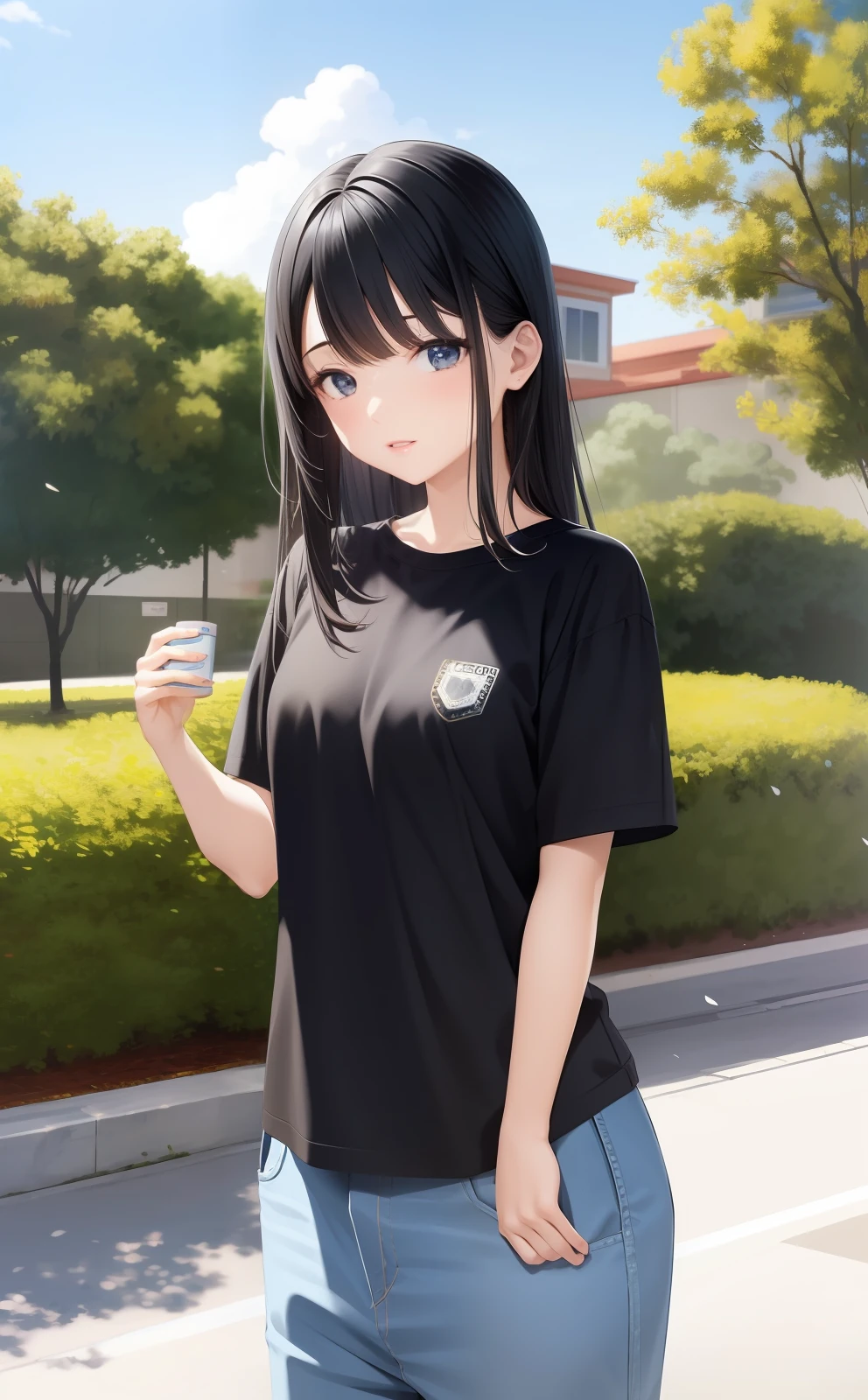 4K, Masterpiece, Best Quality, Anime, Illustration, Black Hair Straight Hair, 1girl, Outdoor, Watch Viewer, Big, High School