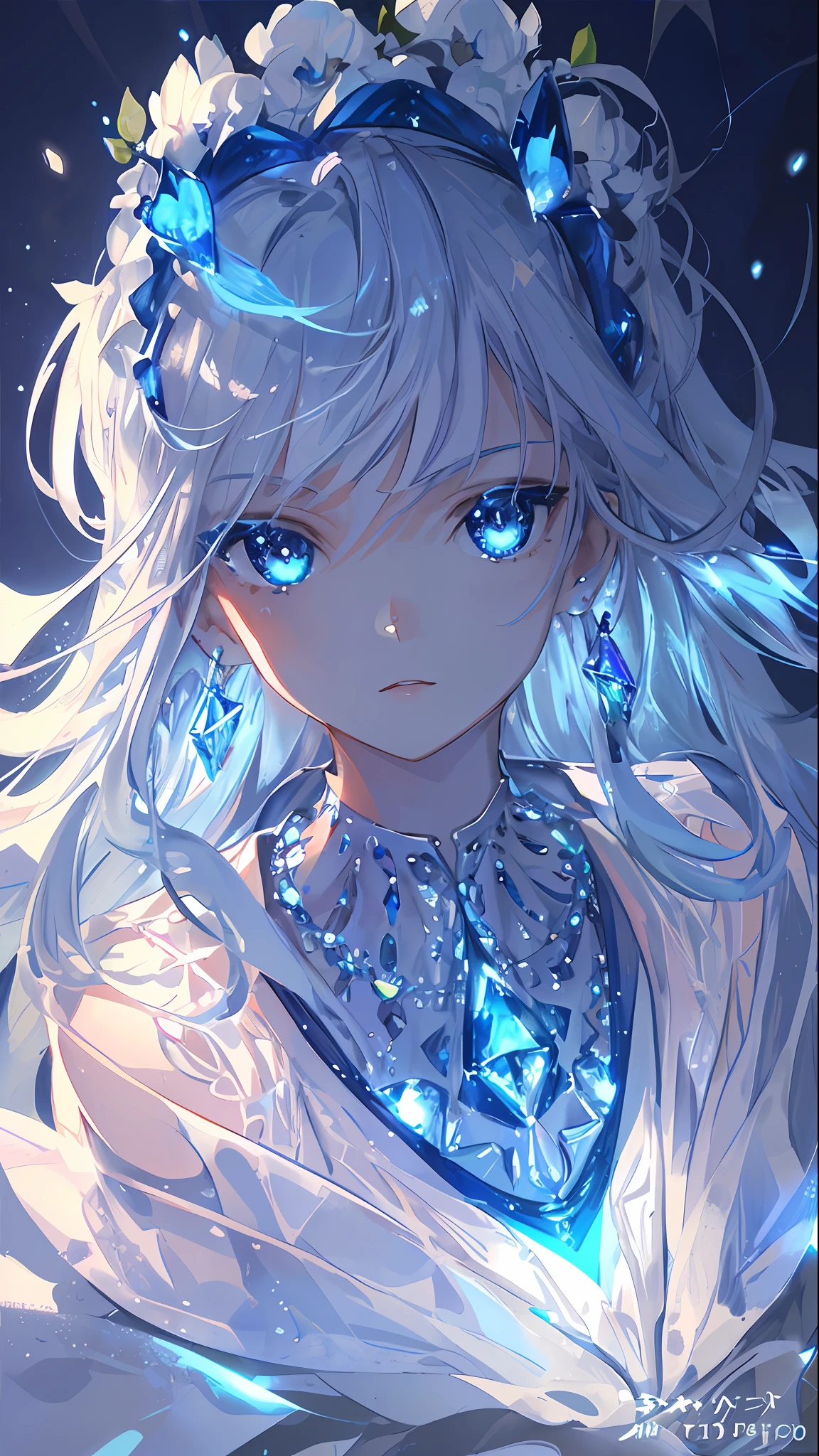 masterpiece, best quality, illustration, sax blue, platinum earrings, platinum necklace, white dress, 1girl, cute, (dynamic lighting:1.2), cinematic lighting, delicate facial features, detailed eyes, sharp pupils, realistic pupils, depth of field, bokeh, sharp focus, (hyper-detailed, bloom, glow:1.4), many small gems