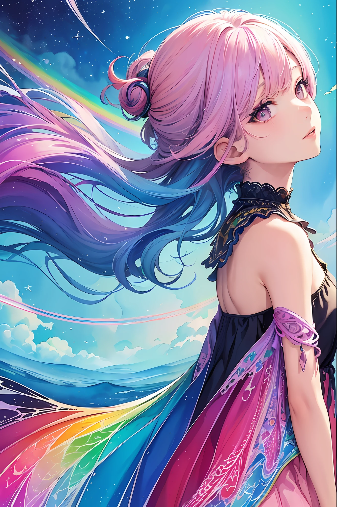 (masterpiece, top quality, best quality,watercolor (medium),official art, beautiful and aesthetic:1.2),(1girl:1.3), (fractal art:1.3),upper body, from side, looking at viewer,patterns,(rainbow color Hair,colorful hair,half blue and half pink hair:1.2),water,liquid, cloud,colorful, starry,stars,