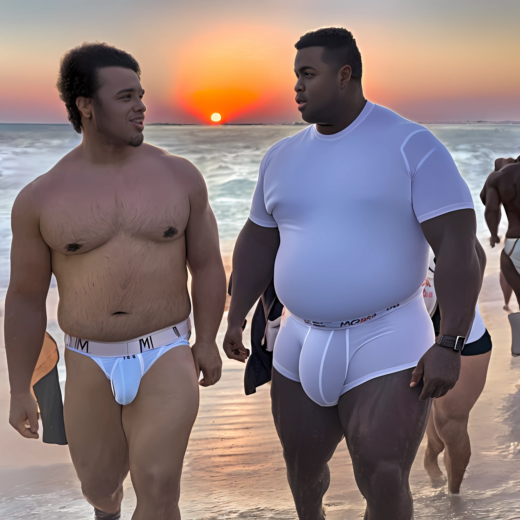 Chubby, black man, muscular, walking, wet sheer white underwear, big bulge in underwear, crowded beach at sunset, realistic detailed faces, print