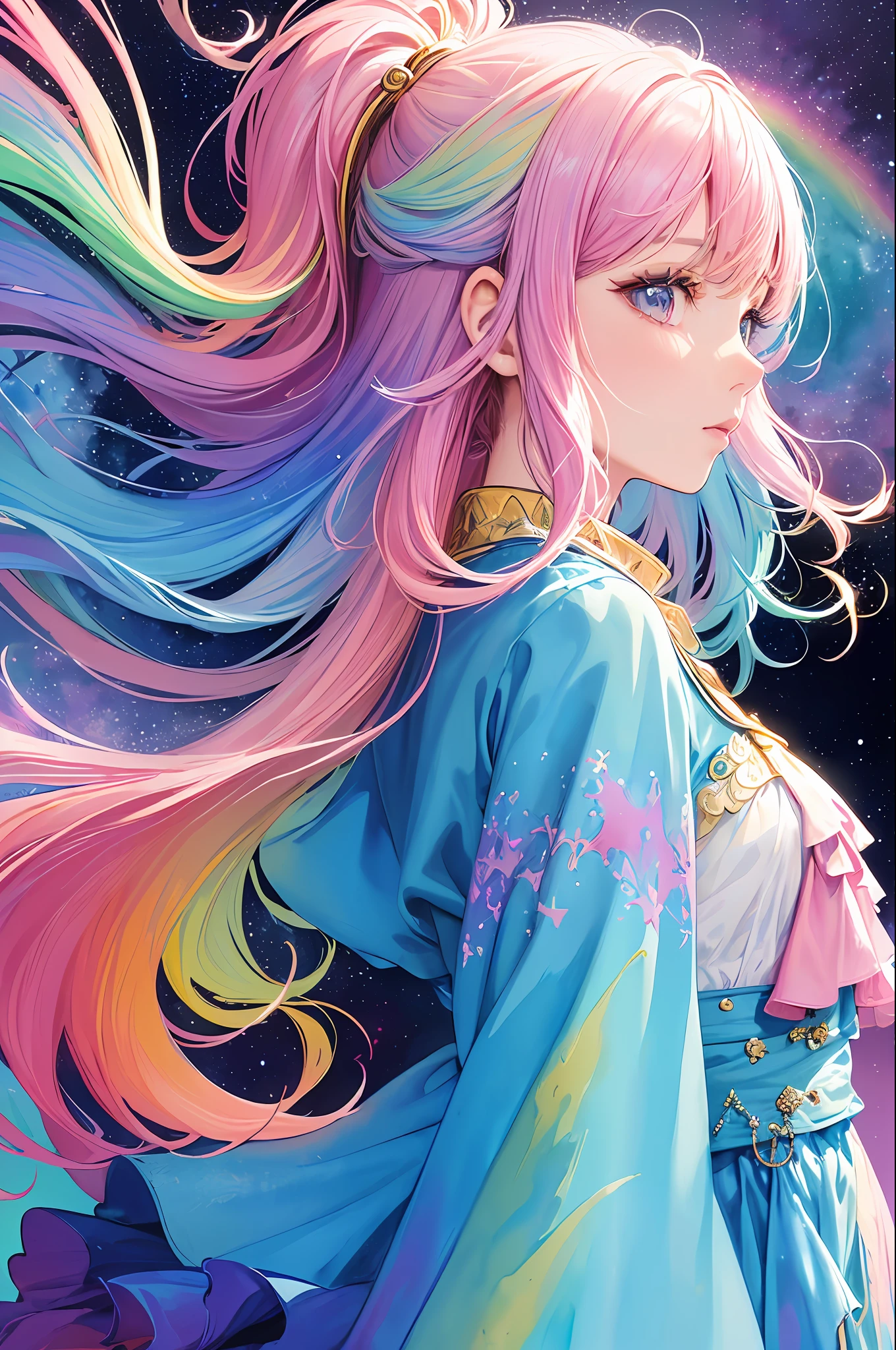 (masterpiece, top quality, best quality,watercolor (medium),official art, beautiful and aesthetic:1.2),(1girl:1.3), (fractal art:1.3),upper body, from side, looking at viewer,patterns,(rainbow color Hair,colorful hair,half blue and half pink hair:1.2),water,liquid, cloud,colorful, starry,stars,