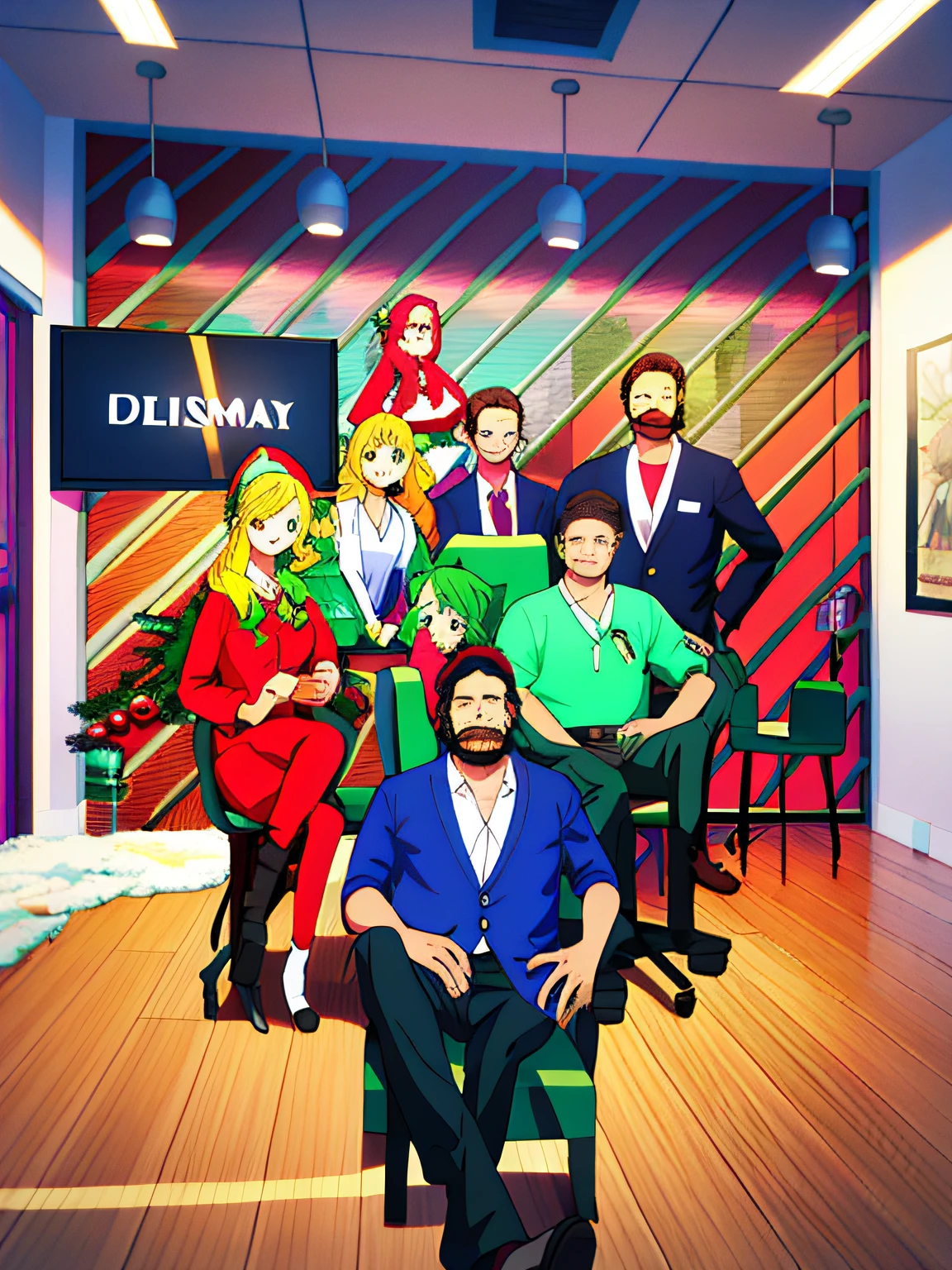 there are many people sitting and standing in a office room together, group photo with 3 girls and 4 boys, photorealistic, fanart, Christmas theme, ultra detailed faces, ultra detailed hands, ultra resolution