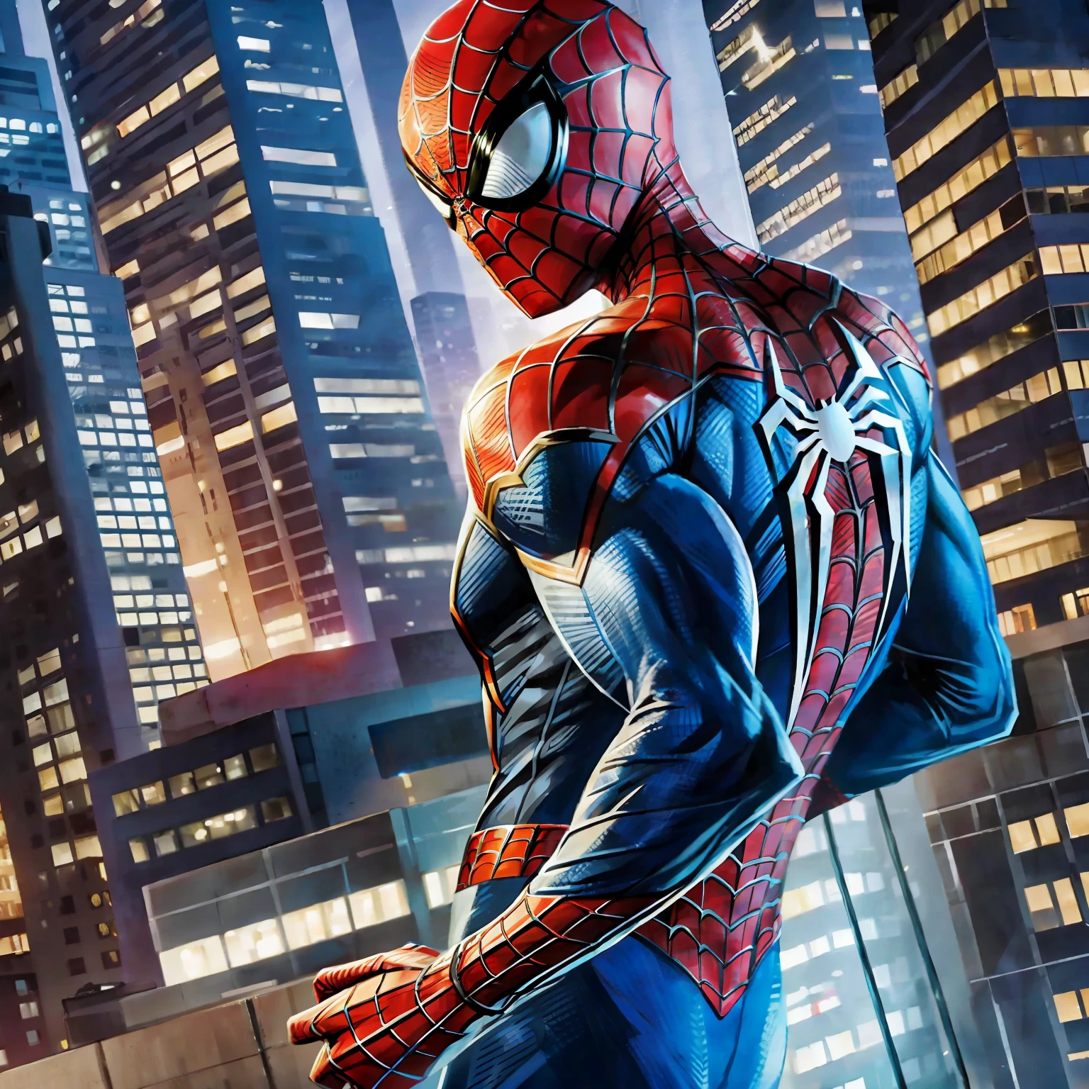 Spider-Man, facing the camera, on a night with dazzling lights between tall buildings in the background: masterpiece, official art, 8k, best quality, highly detailed, exquisite facial features, perfect face, shiny skin, Spider-Man:1.2, nighttime:1.2, cityscape:1.2, web-slinging:1.2. --auto --s2