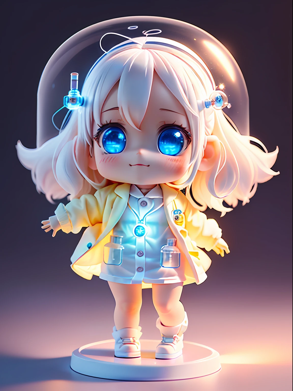 Super cute girl full body 3D drawing, 1 pcs, good looking eyes, big eyes, cute, happy, c4d, pop matt blind box, white long hair, glowing bubbles, toys, solid color background, chibi, fluorescent translucency, luminous body, kawaii, doll, ((((scientist, white lab coat)))), reference table, pop mart blind box, Pixar, complex details, 3d rendering, blender, OC renderer, fol body reference sheet, Dribble, High Details, 8K, Studio Lighting, Loli, Petite, Child, Chibi, SD characters: 1.1, Magic Lab background