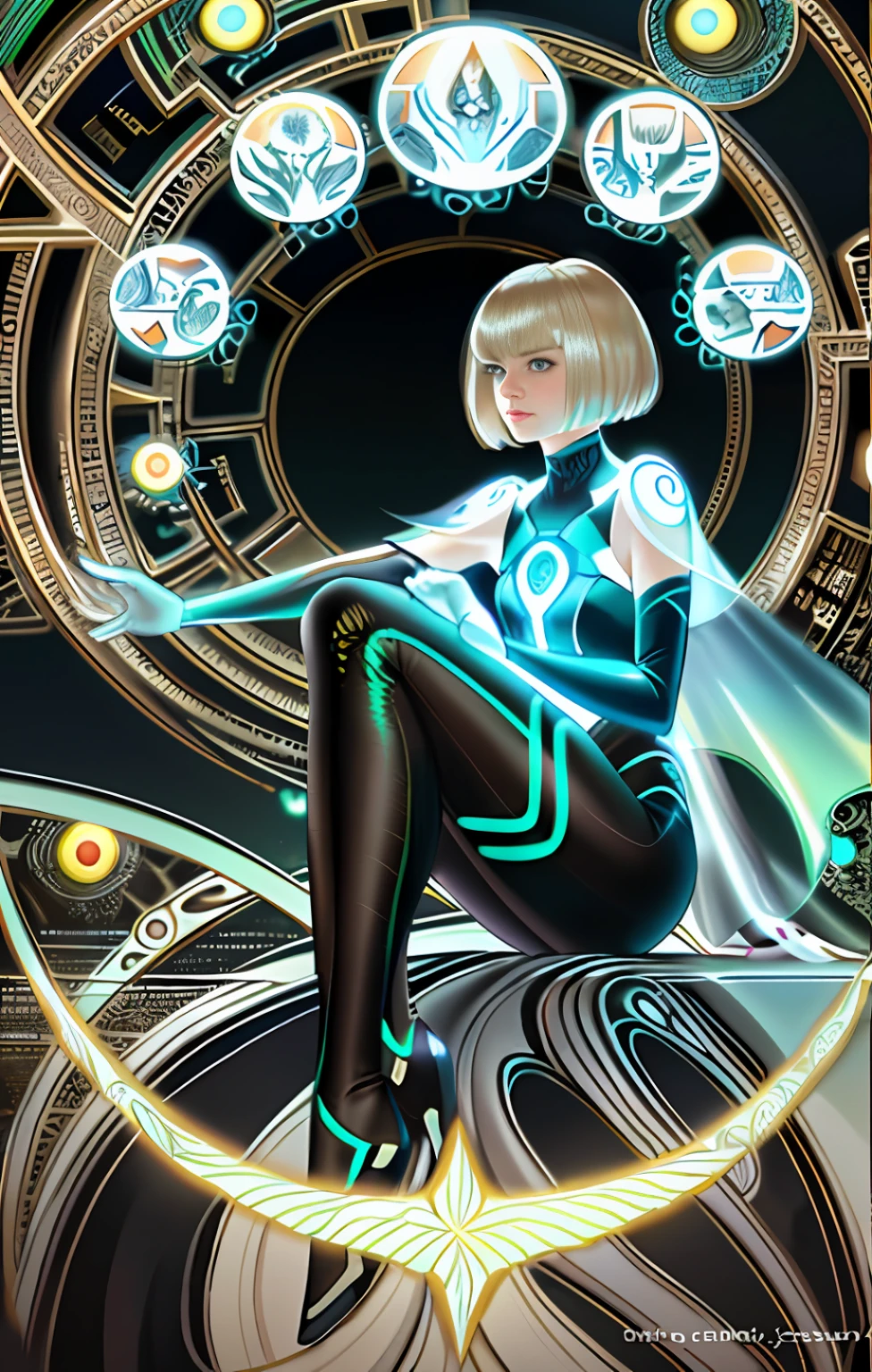 **Gwen Stacy, white and black outfit, draped hair, gradient hair, modern short bob haircut, wavy hair, dark to blonde hair, full body and beautiful body structure cover, ultra-detailed painting, complex, 4k resolution concept art portrait by Greg Rutkowski, Artgerm, WLOP, Alphonse Mucha, small fusion pojati reality, fractal isometric detail bioluminescence: stunning realistic photos, shiny costumes, ((ultra detailed))), (((best quality))), (((masterpiece))), highres, 8k, anatomically correct, UHD