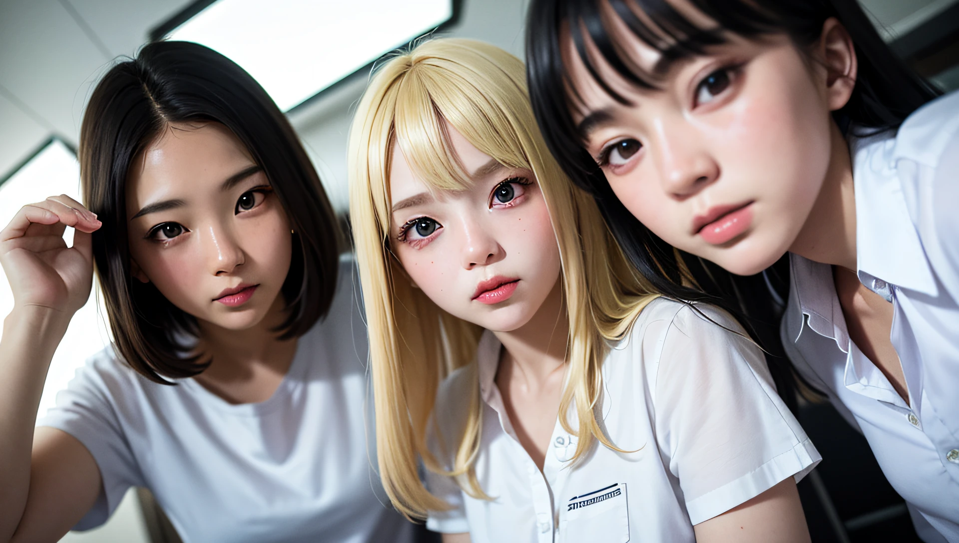 (2 pretty girls, masterpiece, best quality, 8k, raw photo, absurdres:1.2), looking at viewer, from below, beautiful face, white shirt, short sleeve, school uniform, ceiling of classroom, fisheye lens, facelight, photorealistic, film grain, chromatic aberration, highres, ultra detailed, finely detail, detailed eyes and face and skin, sharp pupils, realistic pupils, dynamic lighting, dramatic lighting, black hair and blonde hair