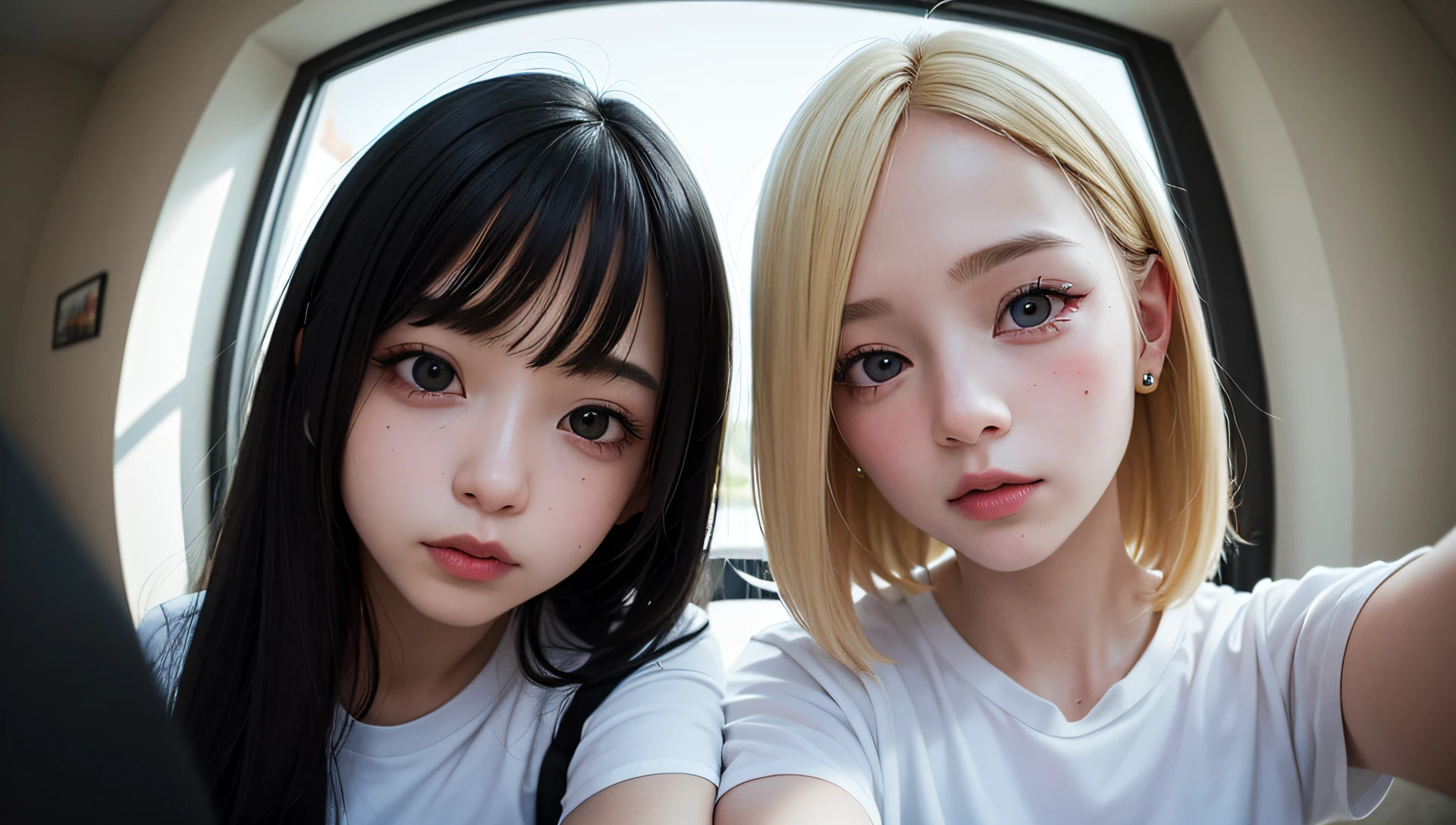 (2 pretty girls, masterpiece, best quality, 8k, raw photo, absurdres:1.2), looking at viewer, from below, beautiful face, white shirt, short sleeve, school uniform, ceiling of classroom, fisheye lens, facelight, photorealistic, film grain, chromatic aberration, highres, ultra detailed, finely detail, detailed eyes and face and skin, sharp pupils, realistic pupils, dynamic lighting, dramatic lighting, black hair and blonde hair