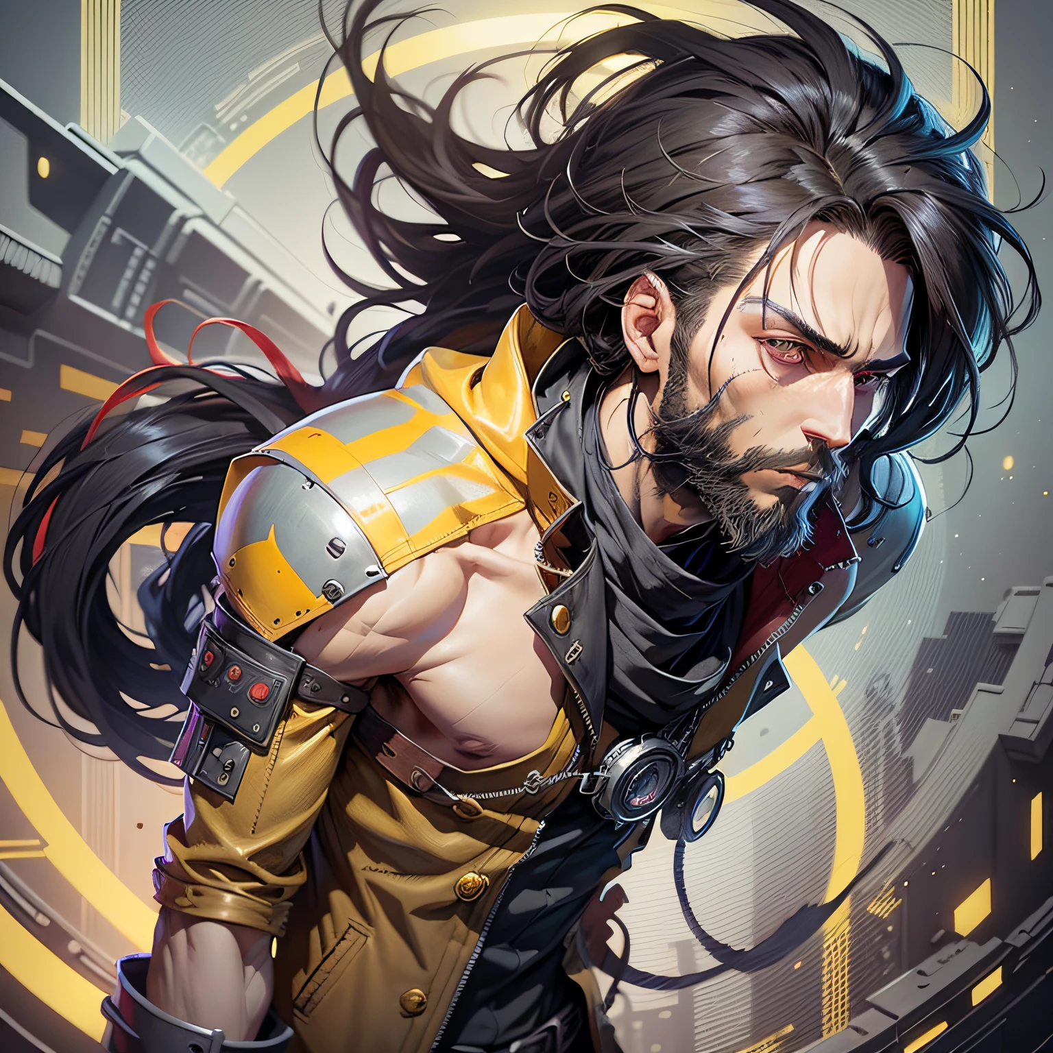 Anime-style cartoon of a space pirate, shoulder-length hair black, beard undone, one blue eye and one technological yellow, tall, athletic body, scars on the body, dark and worn burgundy leather jacket, black pants, black boots, red scarf on the head --auto --s2