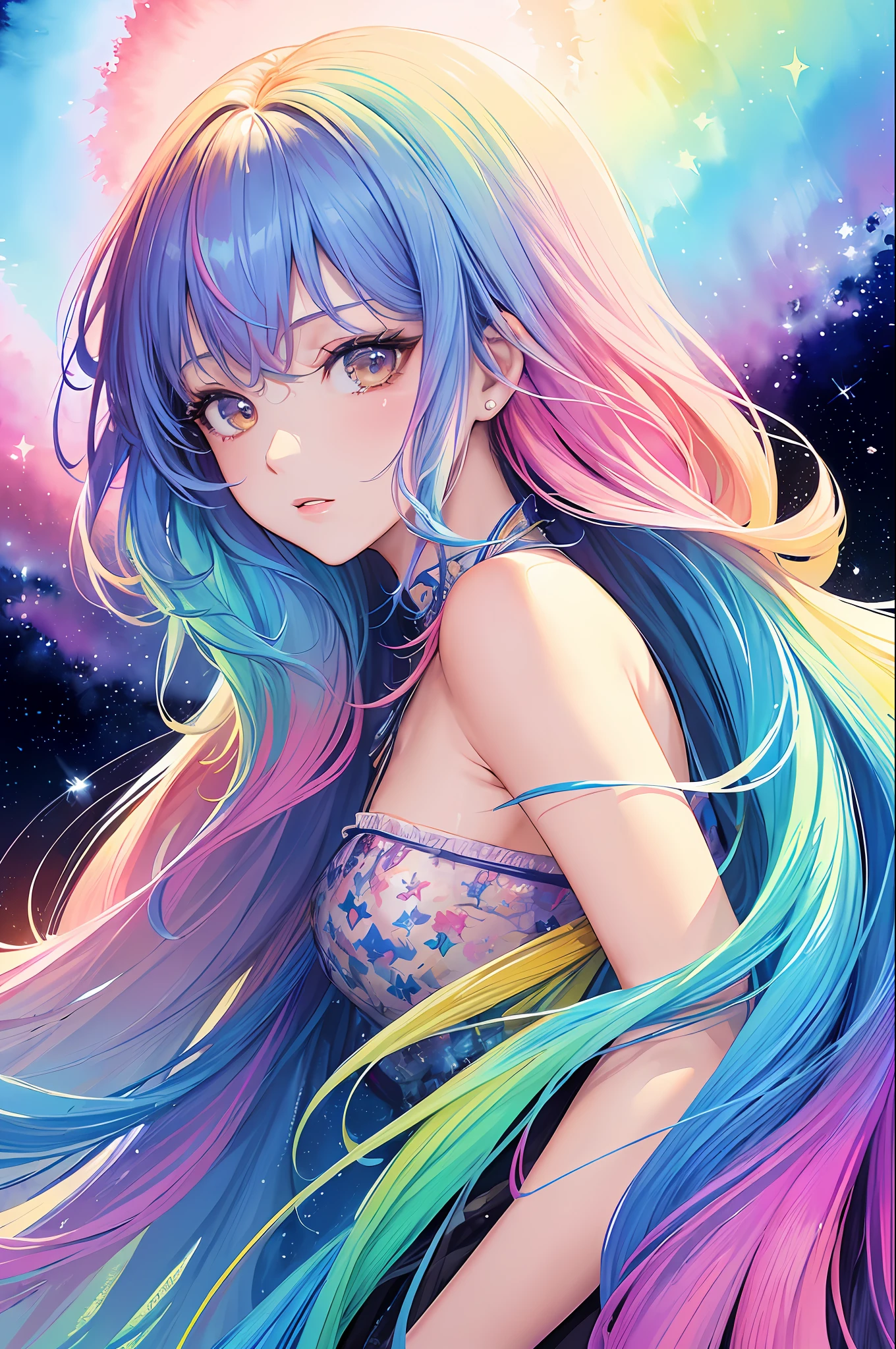 (masterpiece, top quality, best quality,watercolor (medium),official art, beautiful and aesthetic:1.2),(1girl:1.3), (fractal art:1.3),upper body, from side, looking at viewer,patterns,(rainbow color Hair,colorful hair,half blue and half pink hair:1.2),water,liquid, cloud,colorful, starry,stars,