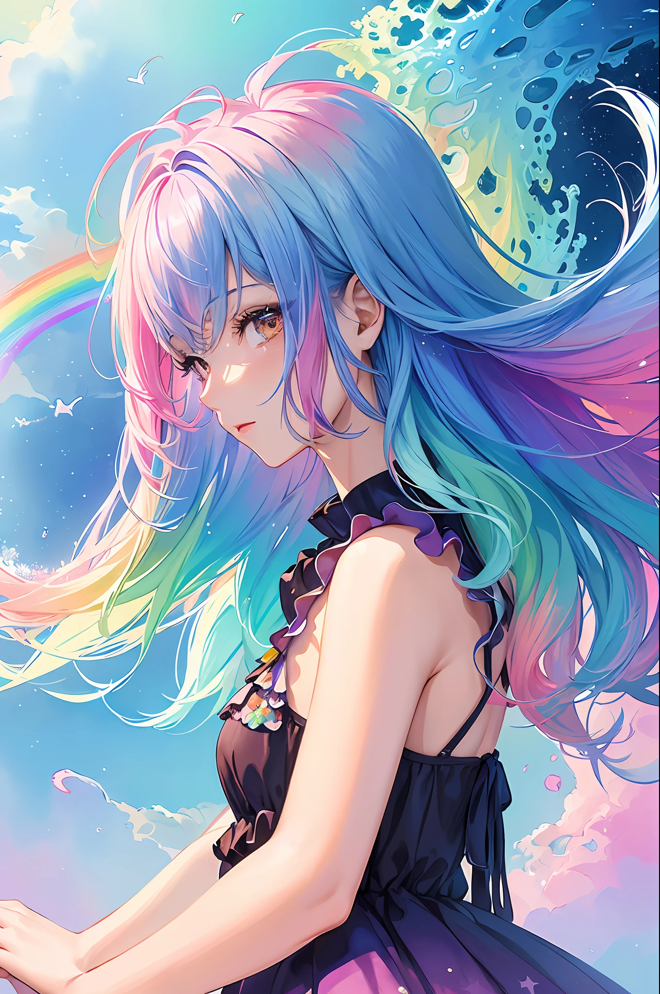 (masterpiece, top quality, best quality,watercolor (medium),official art, beautiful and aesthetic:1.2),(1girl:1.3), (fractal art:1.3),upper body, from side, looking at viewer,patterns,(rainbow color Hair,colorful hair,half blue and half pink hair:1.2),water,liquid, cloud,colorful, starry,stars,