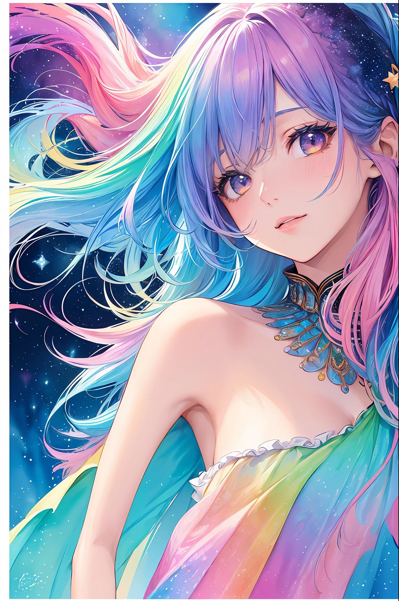(masterpiece, top quality, best quality,watercolor (medium),official art, beautiful and aesthetic:1.2),(1girl:1.3), (fractal art:1.3),upper body, from side, looking at viewer,patterns,(rainbow color Hair,colorful hair,half blue and half pink hair:1.2),water,liquid, cloud,colorful, starry,stars,