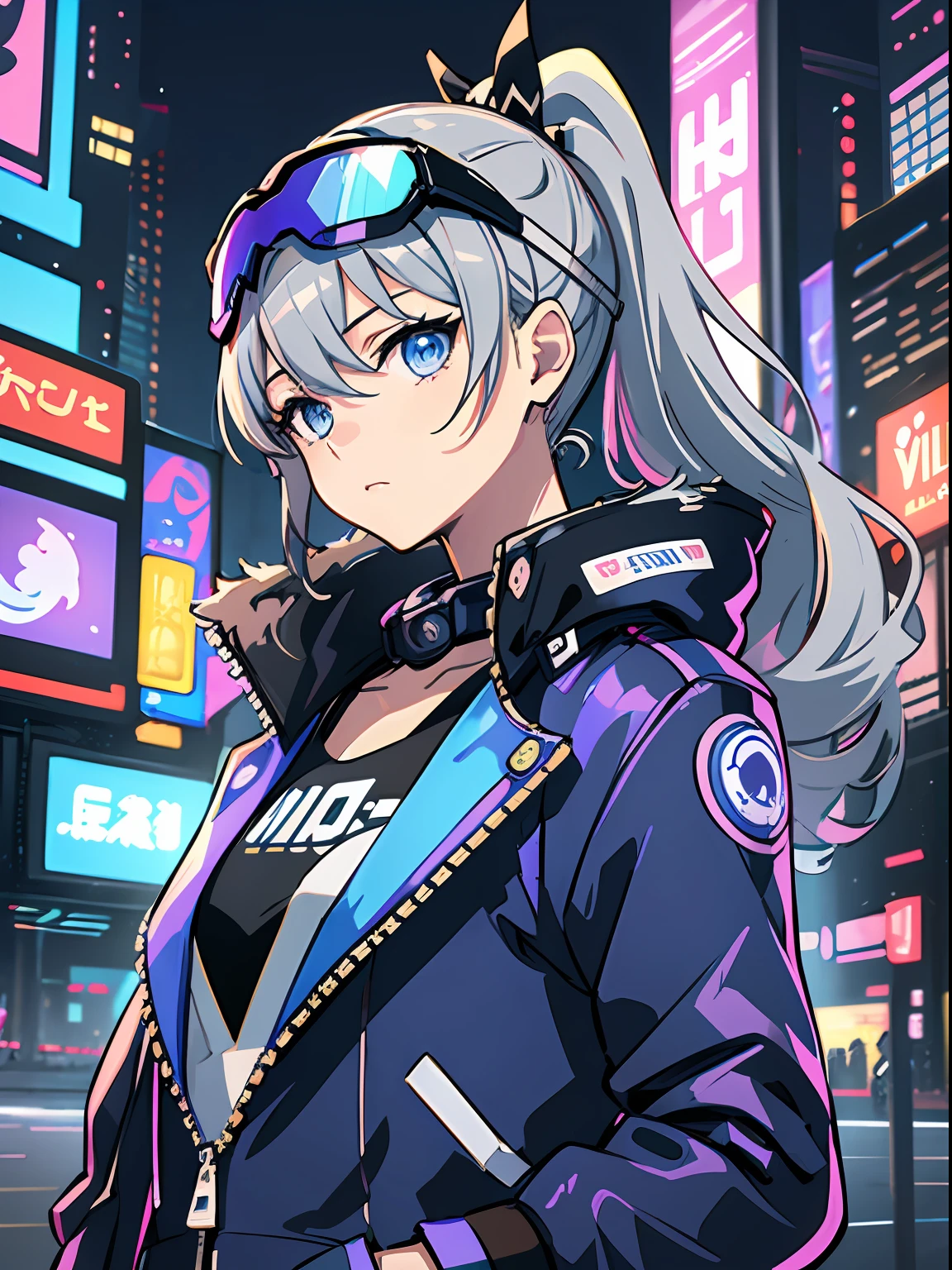 Exquisite masterpiece, best quality, illustration style, an anime girl with curly ponytail, gray beautiful eyes, cyberpunk, futuristic technology, neon signs, motorcycle jacket, Yamaha, small, heartwarming, youthful and beautiful, with blue-violet gradient ski goggles, gray hair, showing a natural casual style. The dynamic posture contains the golden section, a portrait with a large aperture, the picture is blank, the contrast between light and shadow is strong, the texture is super strong, the picture is super clear and concise, presenting extremely beautiful, elegant temperament, and delicate facial expressions