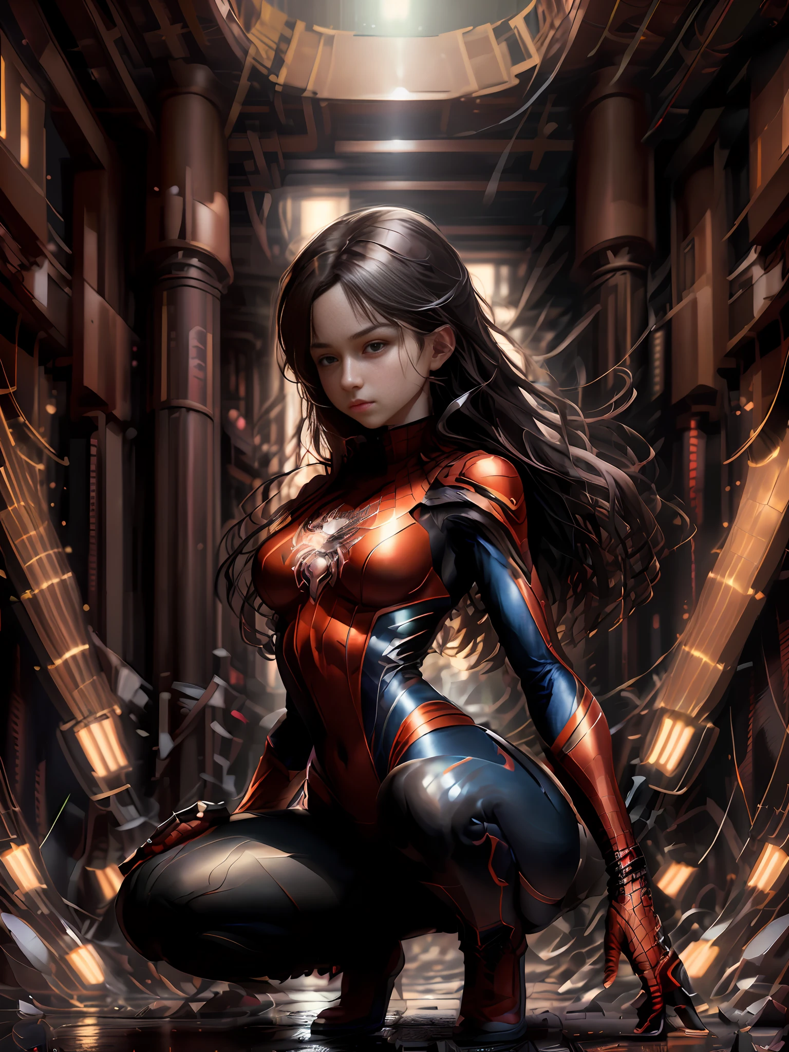 (Once Upon a Time: 1.5), POV, (Upper Body: 1.5), Squat, (Mechanical Spider-Man Girl: 1.5), Solo, Slender Waist, Stout Thighs, (Glowing Arms: 1.5), Red and Blue Color Scheme, Hood, Dynamic Pose, Dynamic Shot,

Color, HDR, Ray Tracing, NVIDIA RTX, Super Resolution, Unreal 5, Subsurface Scattering, PBR Textures, Post Processing, Anisotropic Filtering, Depth of Field, Maximum Acutance and Acutance, Rule of Thirds, 16k Pristine, (Glow Particle: 1.4), Extremely Detailed CG, Unity 8K Wallpaper, 3D, Cinematic Lighting, Lens Effects, Reflections, Sharpen Focus, Cyberpunk Art, Realistic, Highly Detailed CG Illustration, Extremely Refined and Beautiful, Cinematic Light, (Reality: 1.5) , (dark background:1.5), dynamic angle, masterpiece, best quality, hyper detail, illustration, detail light, dramatic_shadow,face shadow, extra detail, best performance,