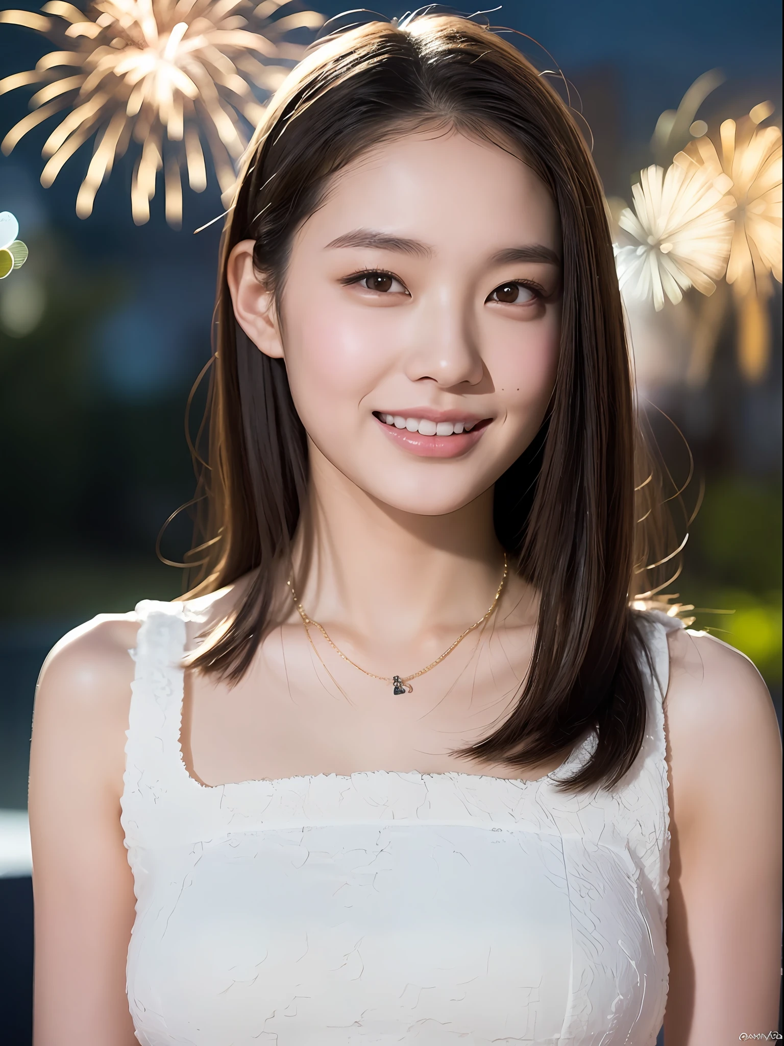 18 year old girl with perfect face and big breasts, night, fireworks, fireworks, cute pose, smile, profile, she is watching fireworks, slim slender physique. The skin has detailed, very detailed eyes (1.1 emphasis), very detailed skin texture (1.1 emphasis). slender necklace, model photography style, photorealistic,
Skin texture is real human skin texture, detailed skin pores, intricate details, eyes very detailed, dark riding