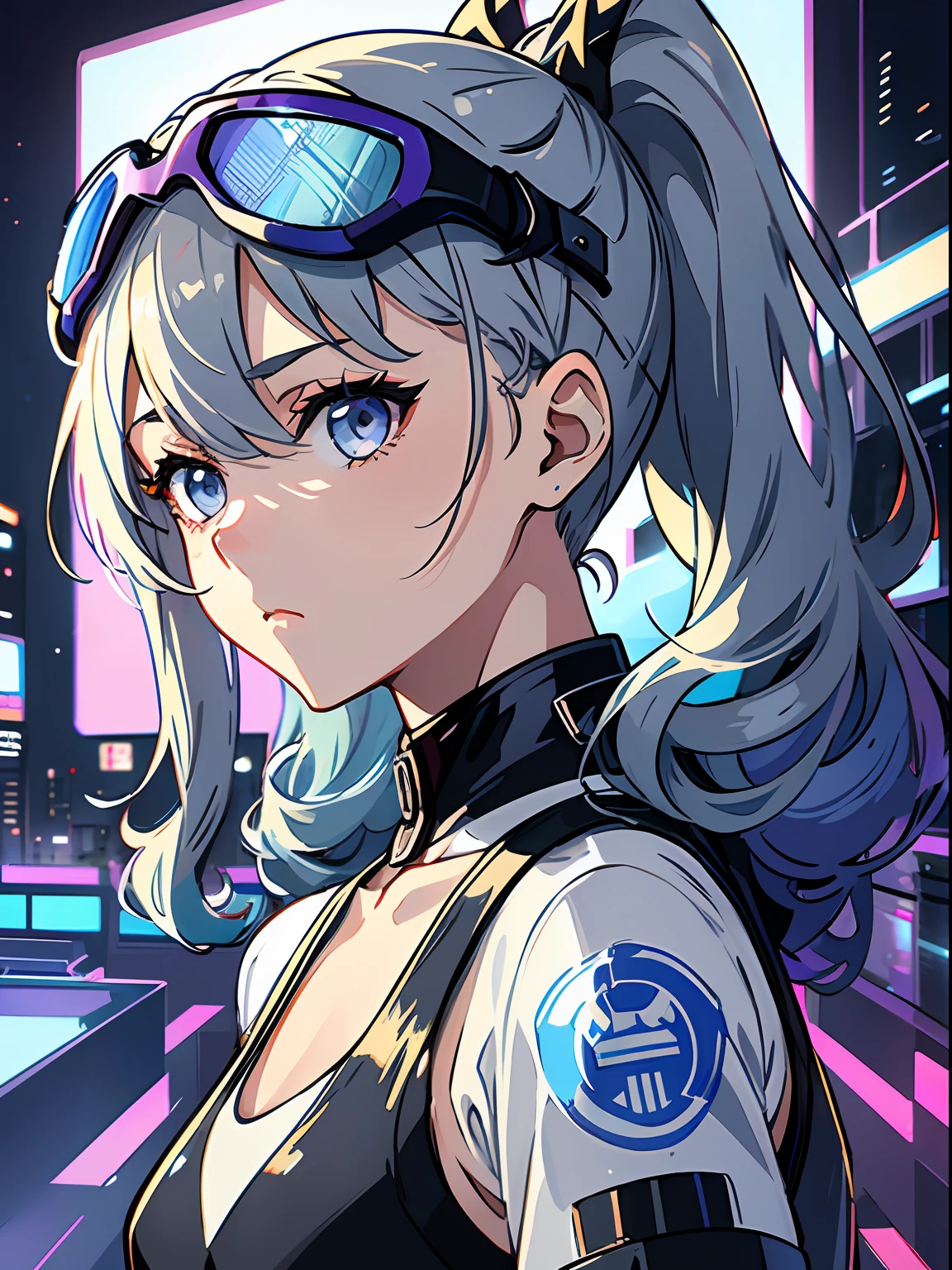 Exquisite masterpiece, best quality, illustration style, an anime girl with a curly ponytail, gray beautiful eyes, cyberpunk, futuristic technology, neon signs, racing suits, sharp eyes, heroic and sassy, Yamaha, small, heartwarming, youthful and beautiful, with blue-violet gradient ski goggles, gray hair, showing a natural casual style. The dynamic posture contains the golden section, a portrait with a large aperture, the picture is blank, the contrast between light and shadow is strong, the texture is super strong, the picture is super clear and concise, presenting extremely beautiful, elegant temperament, and delicate facial expressions