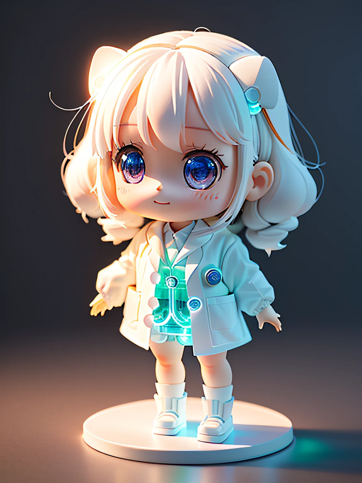 Super cute girl full body 3D drawing, 1 pcs, good looking eyes, big eyes, cute, happy, c4d, pop matt blind box, white long hair, glowing bubbles, toys, solid color background, chibi, fluorescent translucency, luminous body, kawaii, doll, ((((scientist, white lab coat)))), reference table, pop mart blind box, Pixar, complex details, 3d rendering, blender, OC renderer, fol body reference sheet, Dribble, High Details, 8K, Studio Lighting, Loli, Petite, Child, Chibi, SD characters: 1.1, ruins background