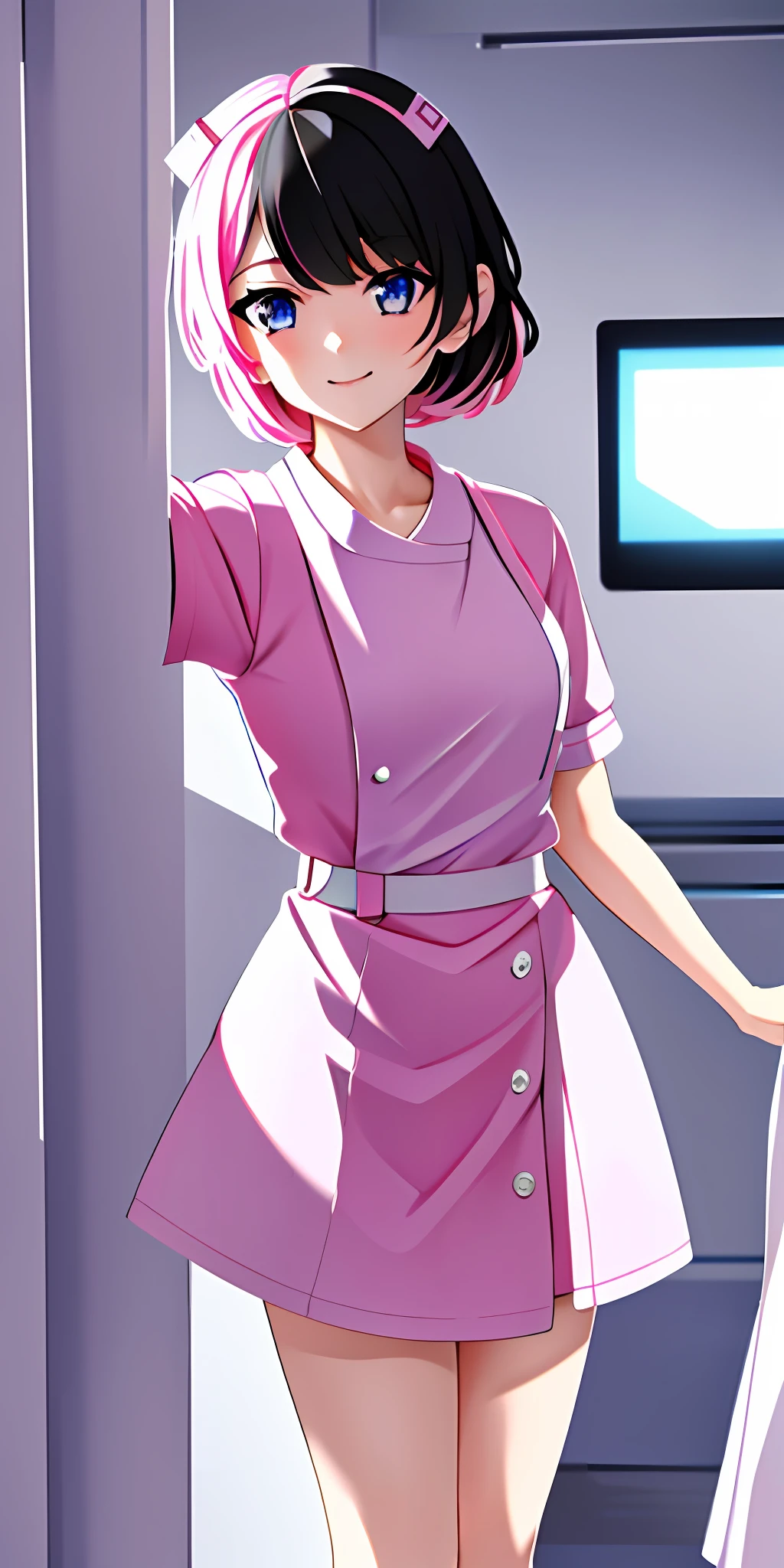 TachibanaHinano, 1girl, solo, short hair, medium breasts, (split-color hair, black hair, pink hair:1.3), blue eyes, smile, standing, dynamic pose, 8k, masterpiece, best quality, absurdres, perfect anatomy, cinematic lighting, cowboy shot, (nurse uniform:1.1), (hospital, surgery room:1.1)