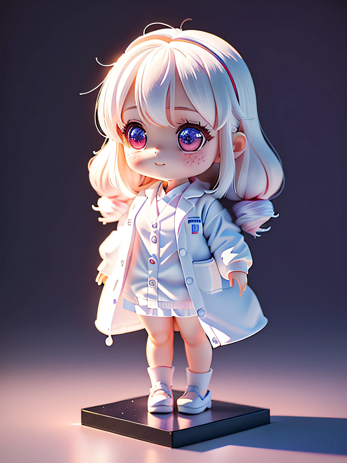 Super cute girl full body 3D drawing, 1 pcs, good looking eyes, big eyes, cute, happy, c4d, pop matt blind box, white long hair, glowing bubbles, toys, solid color background, chibi, fluorescent translucency, luminous body, kawaii, doll, ((((scientist, white lab coat)))), reference table, pop mart blind box, Pixar, complex details, 3d rendering, blender, OC renderer, fol body reference sheet, Dribble, High Details, 8K, Studio Lighting, Loli, Petite, Child, Chibi, SD Characters: 1.1, Magic Lab Background School background