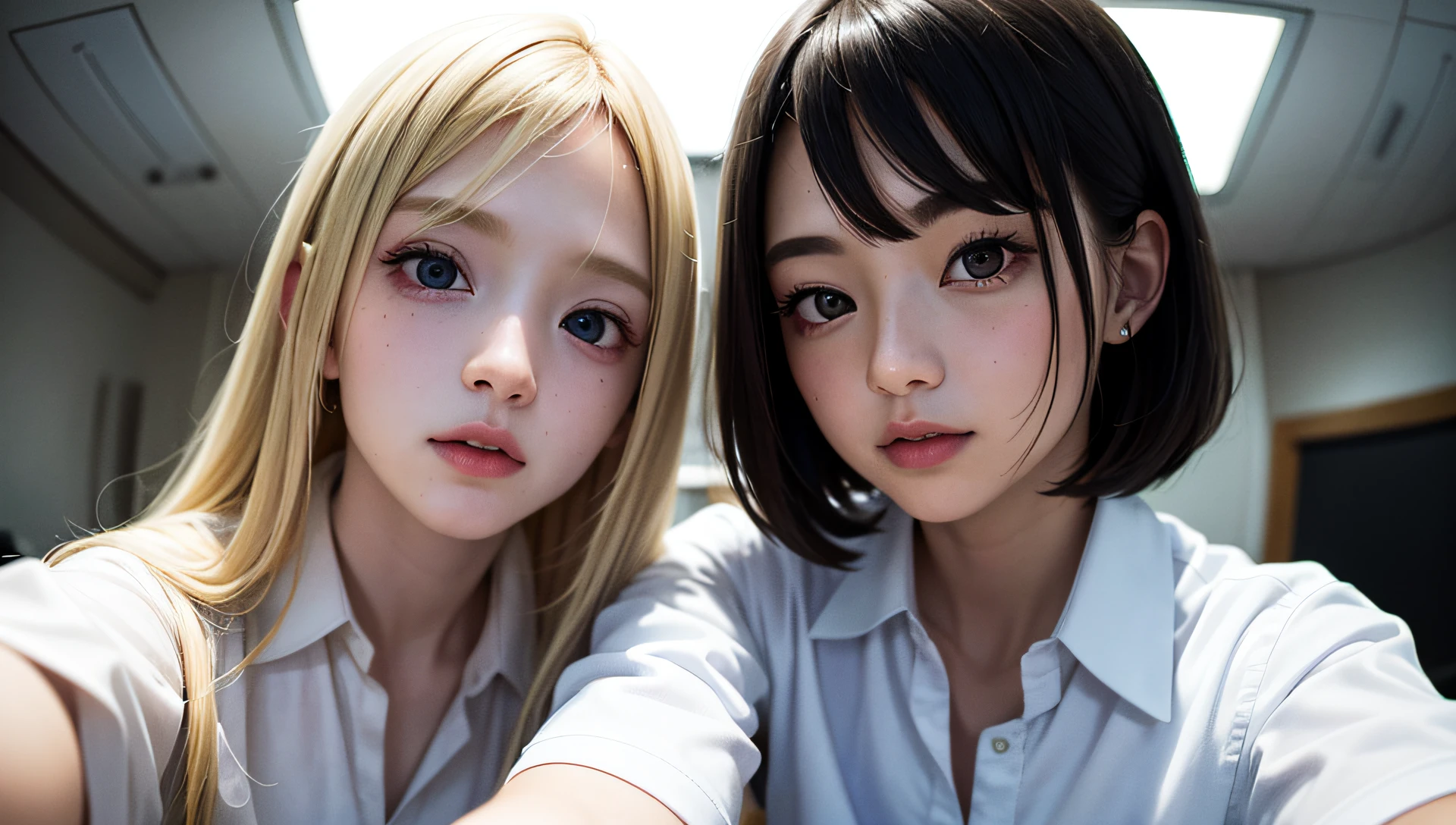(2 pretty girls, masterpiece, best quality, 8k, raw photo, absurdres:1.2), looking at viewer, from below, beautiful face, white shirt, short sleeve, school uniform, ceiling of classroom, fisheye lens, facelight, photorealistic, film grain, chromatic aberration, highres, ultra detailed, finely detail, detailed eyes and face and skin, sharp pupils, realistic pupils, dynamic lighting, dramatic lighting, black hair and blonde hair