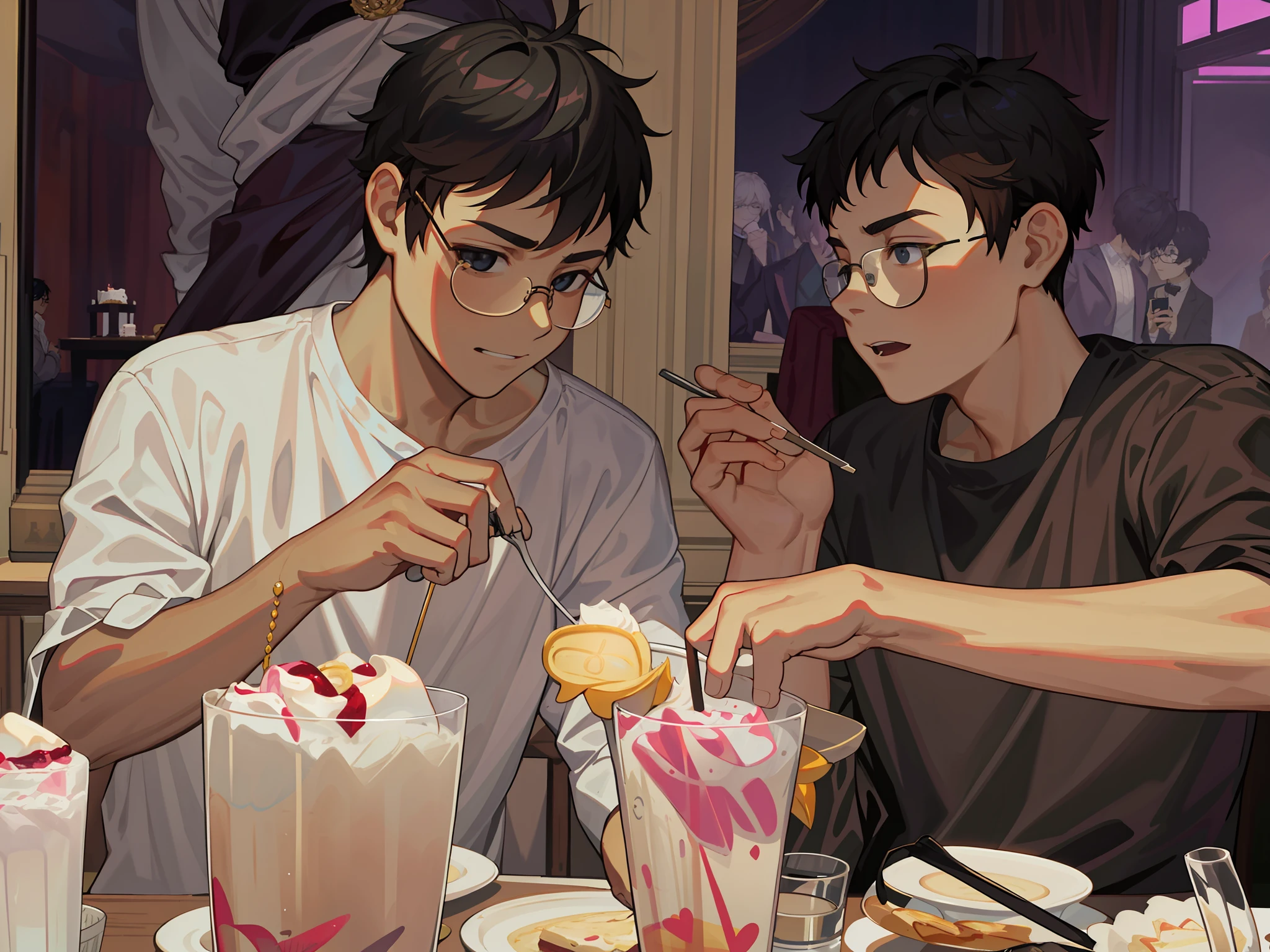 {{masteripe}} Extreme illustration 1 The male prince has elegant short hair and black hair cute close-up glasses, two men sitting at a table eating cake, black clothes take pictures with mobile phones, white clothes wear black glasses frames