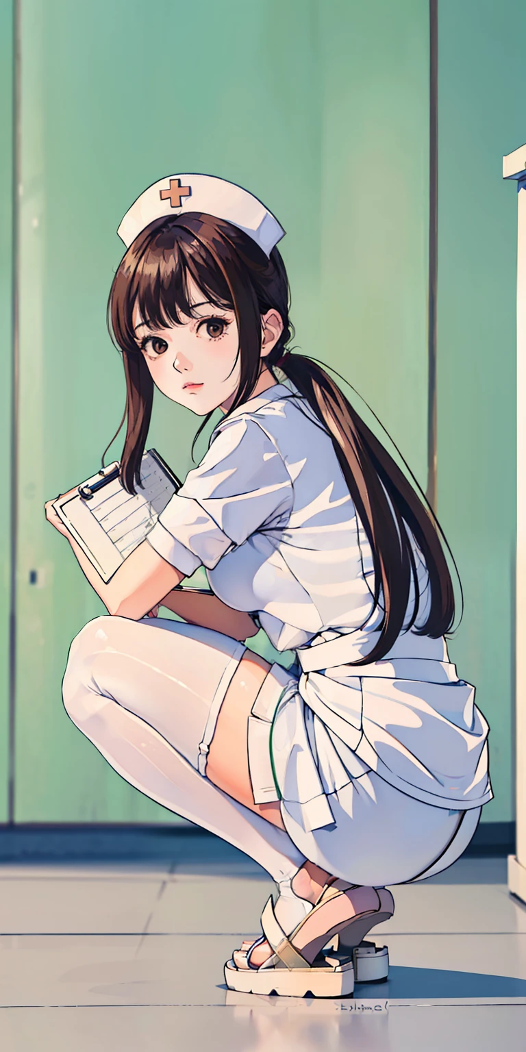 (((((Masterpiece)))), ((((Highly detailed)))), [[[Realistic Art]]], Beautiful Girl, Slim, Small Breasts, (((Bangs)))), (1girl)), Solo, ((Lookaway)), [Expressionless], Medium Long Hair, Short Ponytail, (((Nurse)), Short Sleeves, ((((Nurse Cap))), White Panties, ((White Pantyhose), (White Nurse Sandals), (Stethoscope, ((Squat)), Name Brand, Foot Focus, From Below , full body, hugging clipboard, medical cabinet, medical office,,