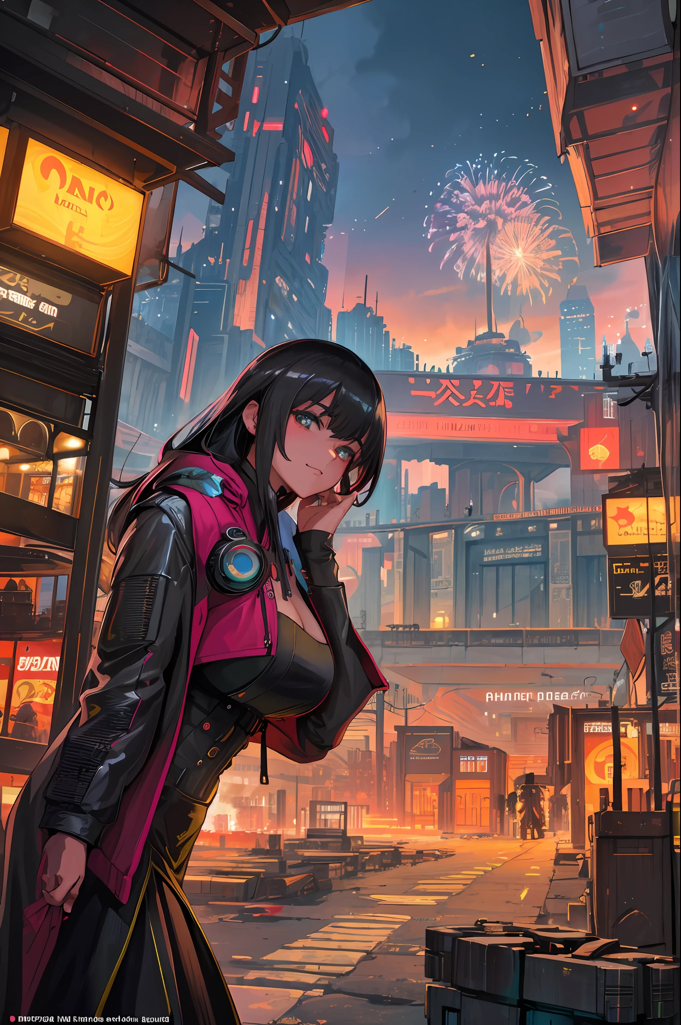 ((masterpiece)),((best quality)),((high detail)),((realistic,)) Futuristic era city, architectural streets, bazaars, cyberpunk, european architecture, night, neon, panoramic view, various buildings, new year, fireworks, panoramic, colorful fireworks, sky with fireworks, landscape, detailed face, detailed bright eye, highly detailed eye