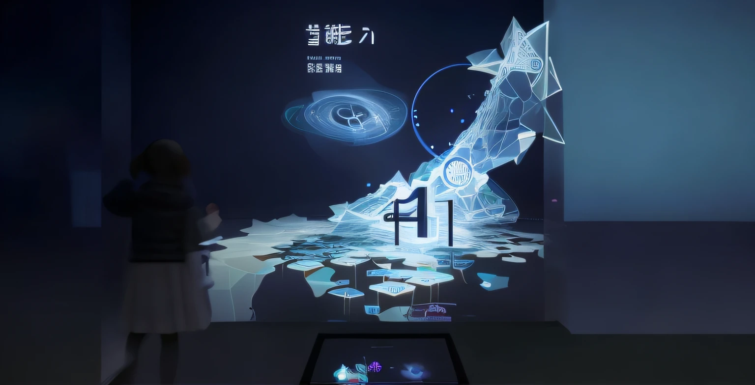 there is a display of a map with a clock on it, photograph of 3d ios room, holographic interface, holographic projection, virtual installation, detailed photo of virtual world, digital screens on the walls, interactive art, projection mapping, virtual metaverse room, 3 6 0 projection, japan. volumetric lighting, projection design installation, an exquisite 3 d map