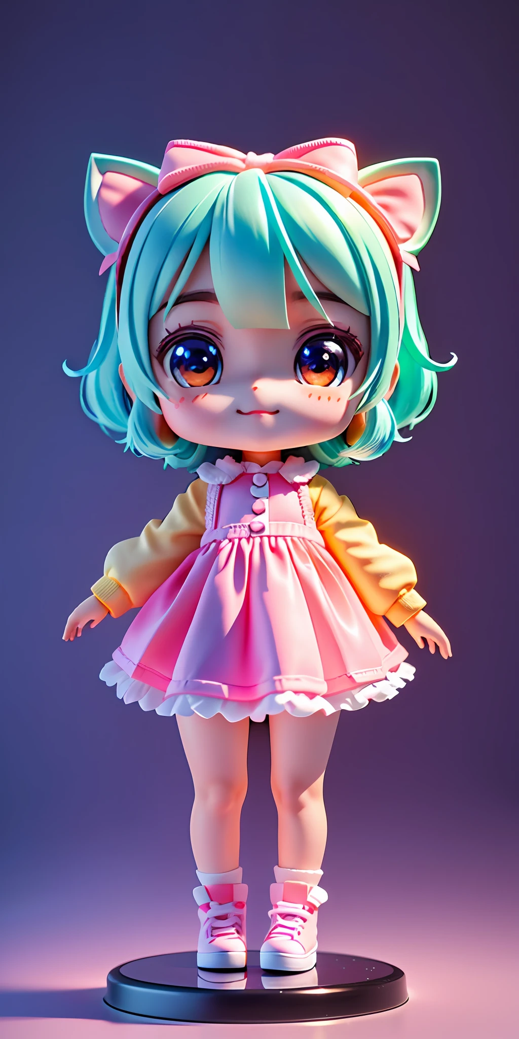 Super cute girl full body 3D map, 1, good-looking eyes, big eyes, cute, happy, c4d, pop Matt blind box, glowing bubbles, toys, solid color background, chibi, fluorescent light transmission, luminous body, kawaii, doll, T pose, reference sheet, pop mart blind box, Pixar, complex details, 3d rendering, blender, OC renderer, fol body reference sheet, dribble, high details, 8k, studio lighting, li, pee, childbi , SD characters: 1.1