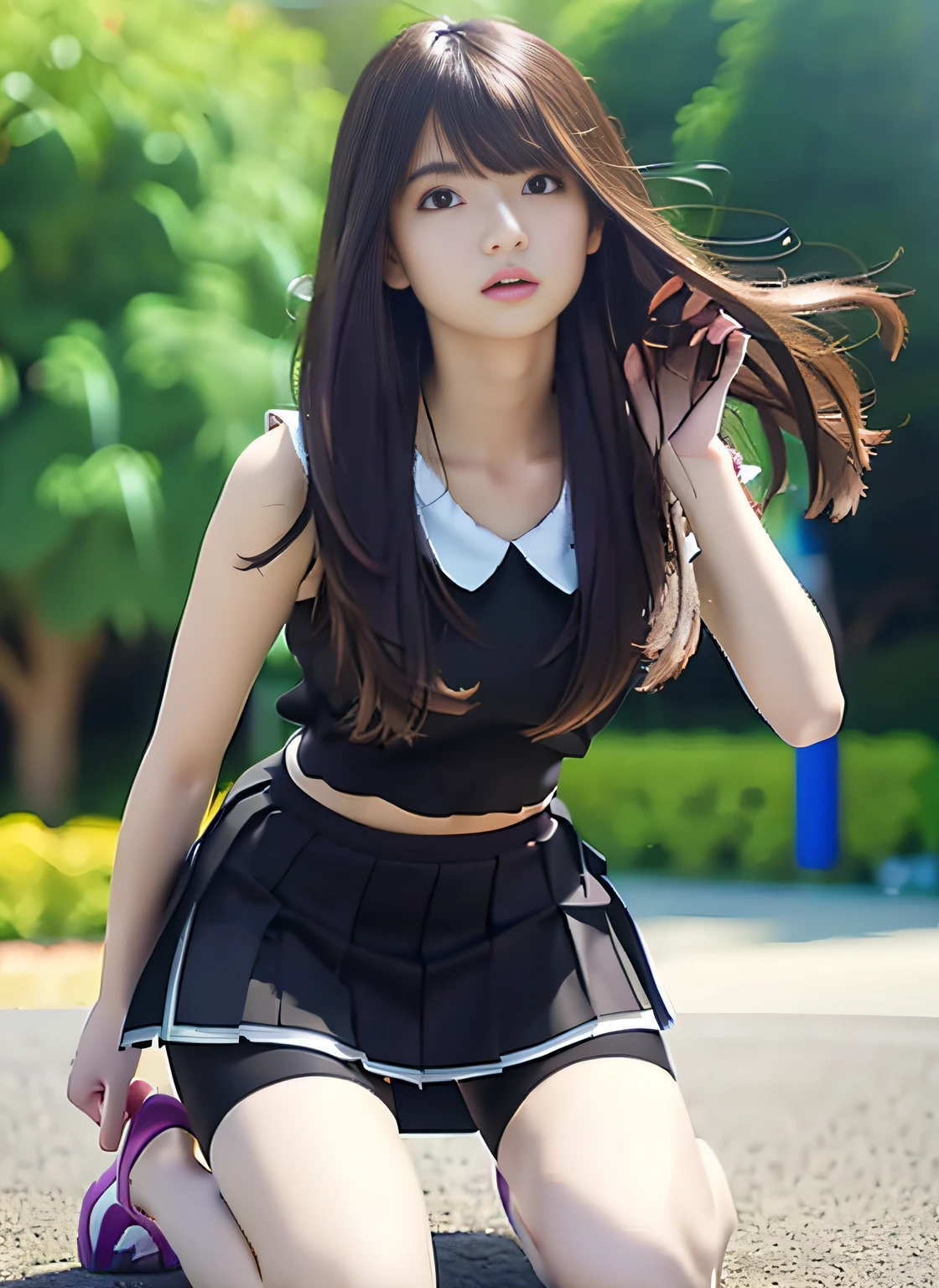 mix4, (8k, RAW photo, top quality, masterpiece: 1.27), (realistic, photorealistic: 1.37), photon mapping, radiosity, one girl, cute, professional lighting, physically based rendering, ((Black spandex shorts: 1.37)), Skirt, Bike shorts under skirt, lively girl, Side view, kneeling posture, hair fluttering in the wind, blurring background, handsome, masterpiece, highest quality, high resolution, highest quality photo, high resolution, high resolution, 1080p, (clear face), (detailed face description), (detailed hand description), (masterpiece), (elaborate cg), (detailed facial features), (highest quality photo), (masterpiece), (detailed eyes)