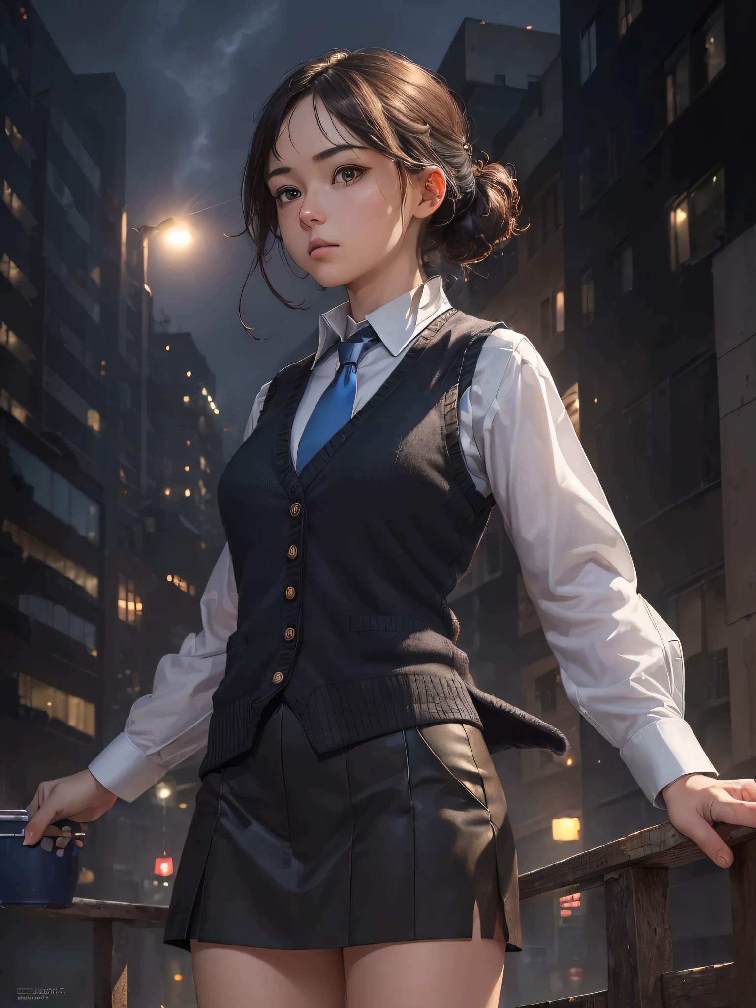 (Masterpiece, Best Quality, High Quality, Highres:1.4), Detailed, Extremely Detailed, 4K, Detailed Face, (Hyper-Detailed Eyes:1.2), beautiful lighting, (1girl, solo, white shirt, sweater vest, black vest, blue necktie), outdoors, full body, bush, looking at viewer, buildings, city
