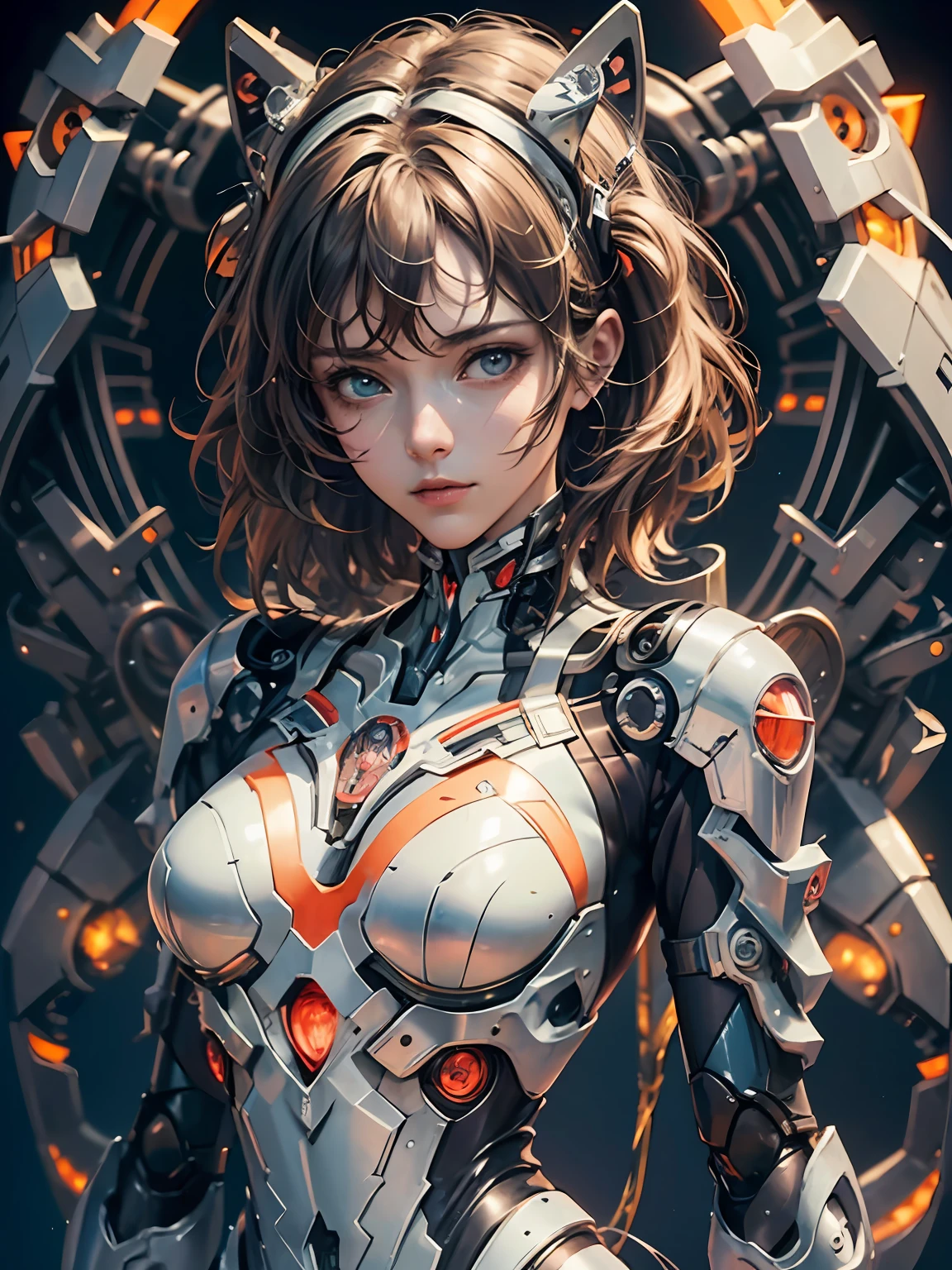 masterpiece, best quality, ultra-detailed, illustration, 1girl, highly detailed evangelion costume, (large robot background), detailed skin texture, beautiful detailed face, intricate details, ultra detailed, upper body