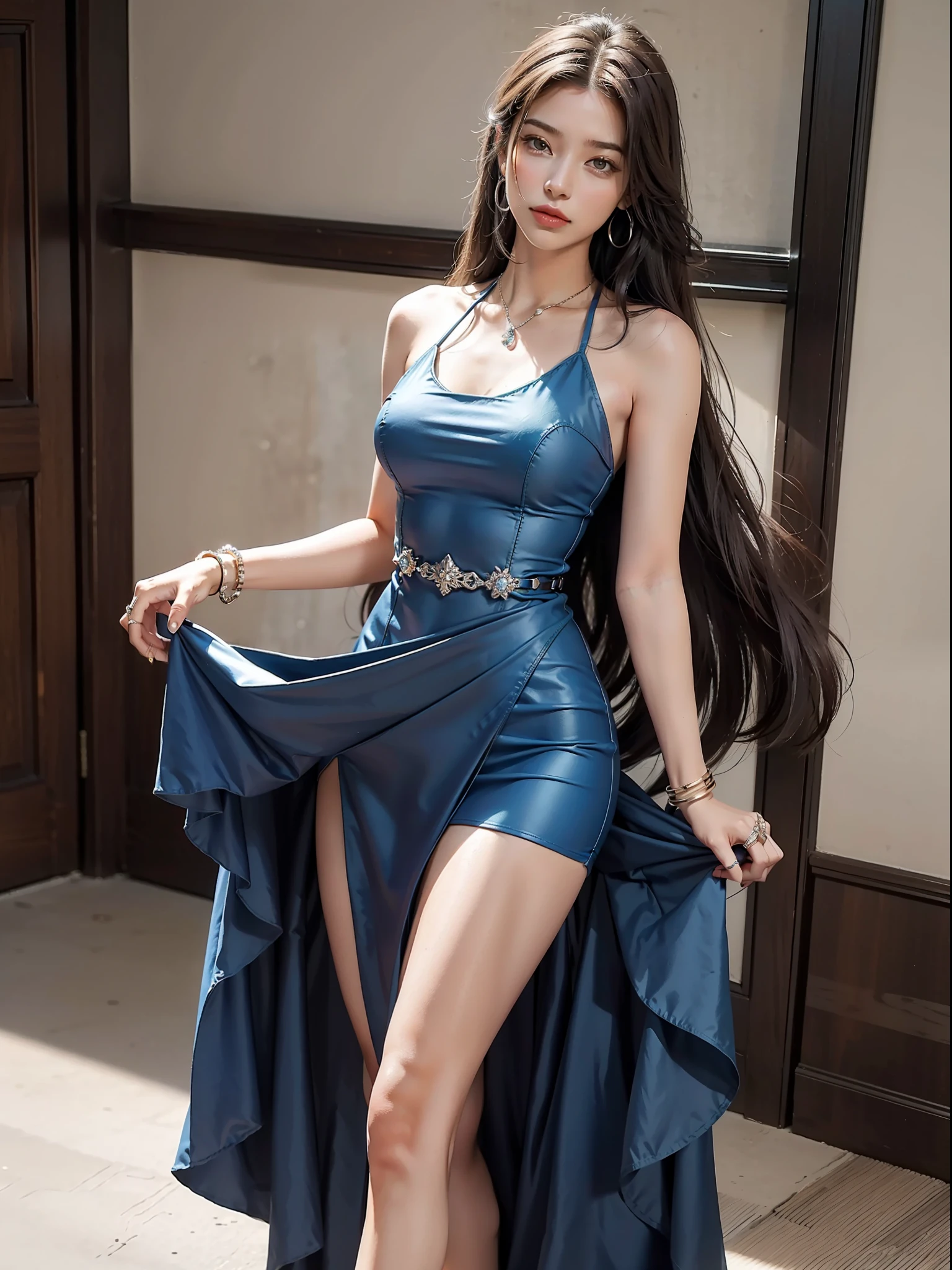(Female: 1.2), (slim body), (5 thumbs), (Big breasts: 1.2), (Long hair mullet head), (Blue cool dress), (Rings), (Mid heels), (Bracelet), Masterpiece, Realism