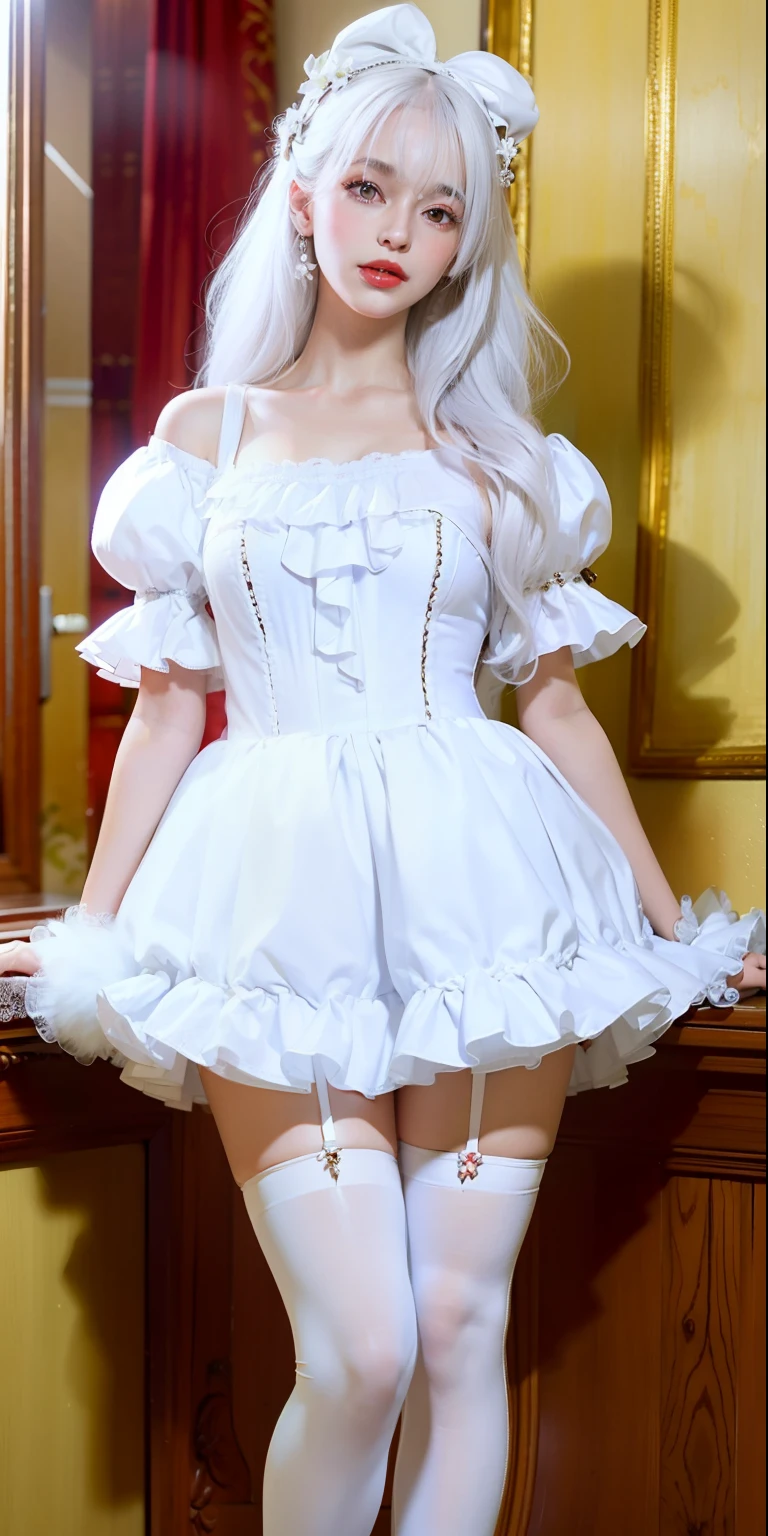 best quality, masterpiece, super high resolution, (realistic:1.4), original photo, 1girl, white legs, white eyes, ((white hair)), collarbone, dress, drilled hair, frilled dress, frilled , hair accessory, high resolution, long hair, parted lips, fluffy sleeves, ((white pupils)), smile, solo, white dress, x, x hair accessories, delicate face, standing, eyeliner, lipstick, lips, red lips, ((white stockings)), (blush), ((white eyelashes))