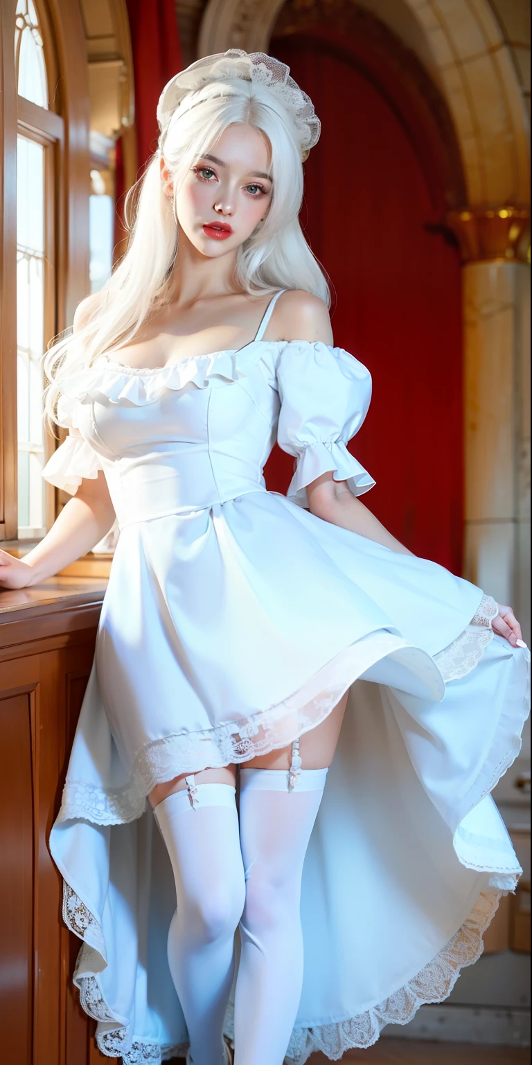 best quality, masterpiece, super high resolution, (realistic:1.4), original photo, 1girl, white legs, white eyes, ((white hair)), collarbone, dress, drilled hair, frilled dress, frilled , hair accessory, high resolution, long hair, parted lips, fluffy sleeves, ((white pupils)), smile, solo, white dress, x, x hair accessories, delicate face, standing, eyeliner, lipstick, lips, red lips, ((white stockings)), (blush), ((white eyelashes))