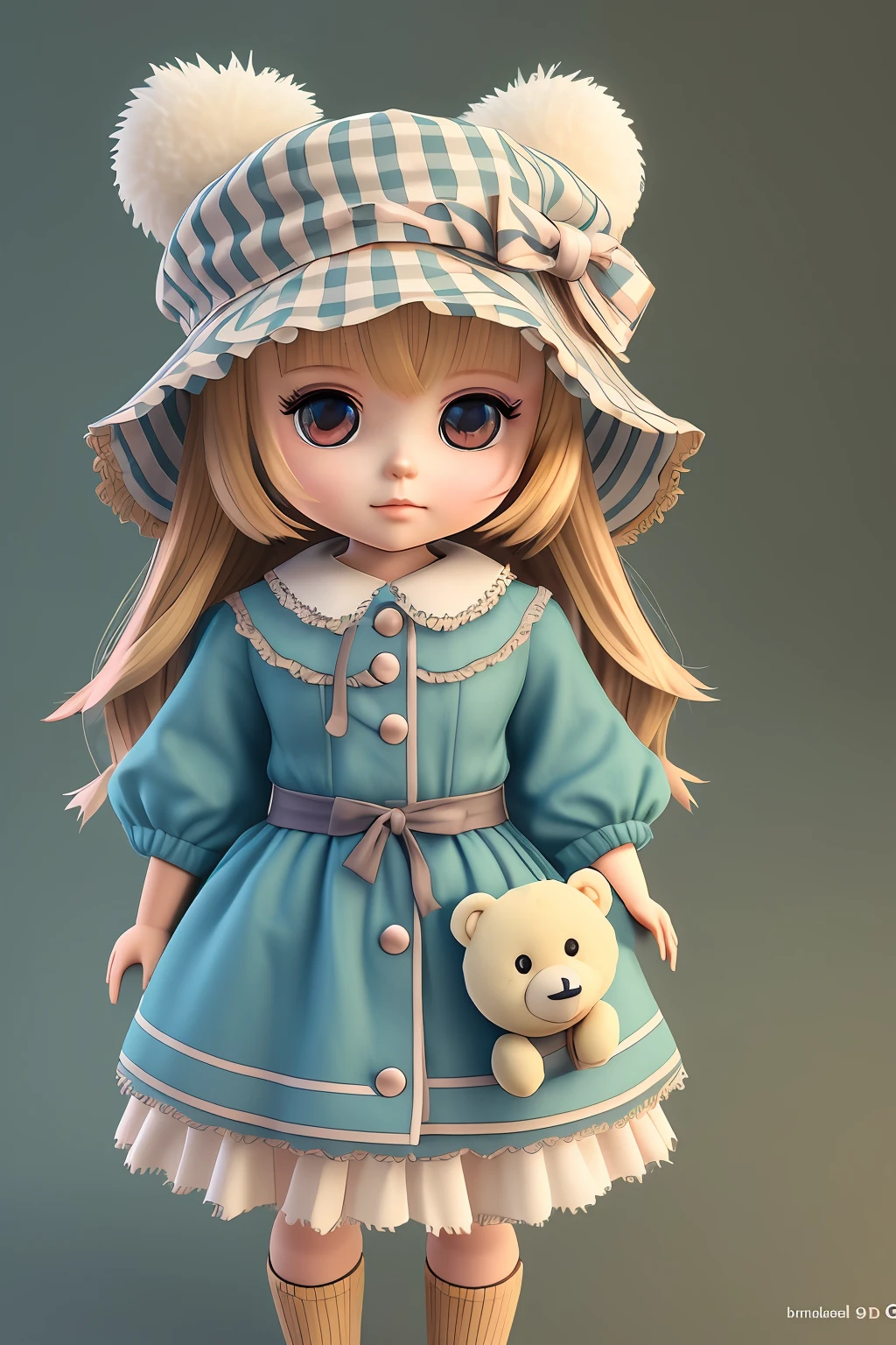 a close up of a doll with a hat and a teddy bear, cute 3 d render, render of a cute 3d anime girl, cute character, 3 d render character art 8 k, 3 d render stylized, adorable digital painting, cute cartoon character, cute digital art, cute detailed digital art, soft 3d render, 3d character, 3 d character --auto --s2