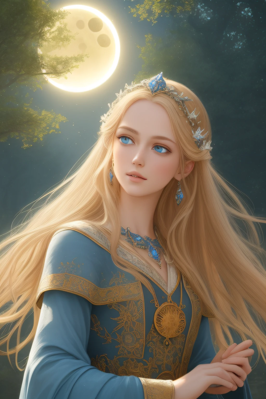 (Absurdres, Intricate Details, Masterpiece, Best Quality, High Resolution, 8k), 1 beautiful princess, young, (((finely detailed eyes and face, delicate perfect face,))) blue eyes, long blond hair, portrait, looking away from viewer, solo, full body, barefoot, detailed background, (RootsBranchesAI theme:1.1), high fantasy, casting elemental spell, floating in air, floating leaves, moons, suns, eclipse, mana, bright realistic lighting, medieval cenario in background, magical atmosphere, VFX.