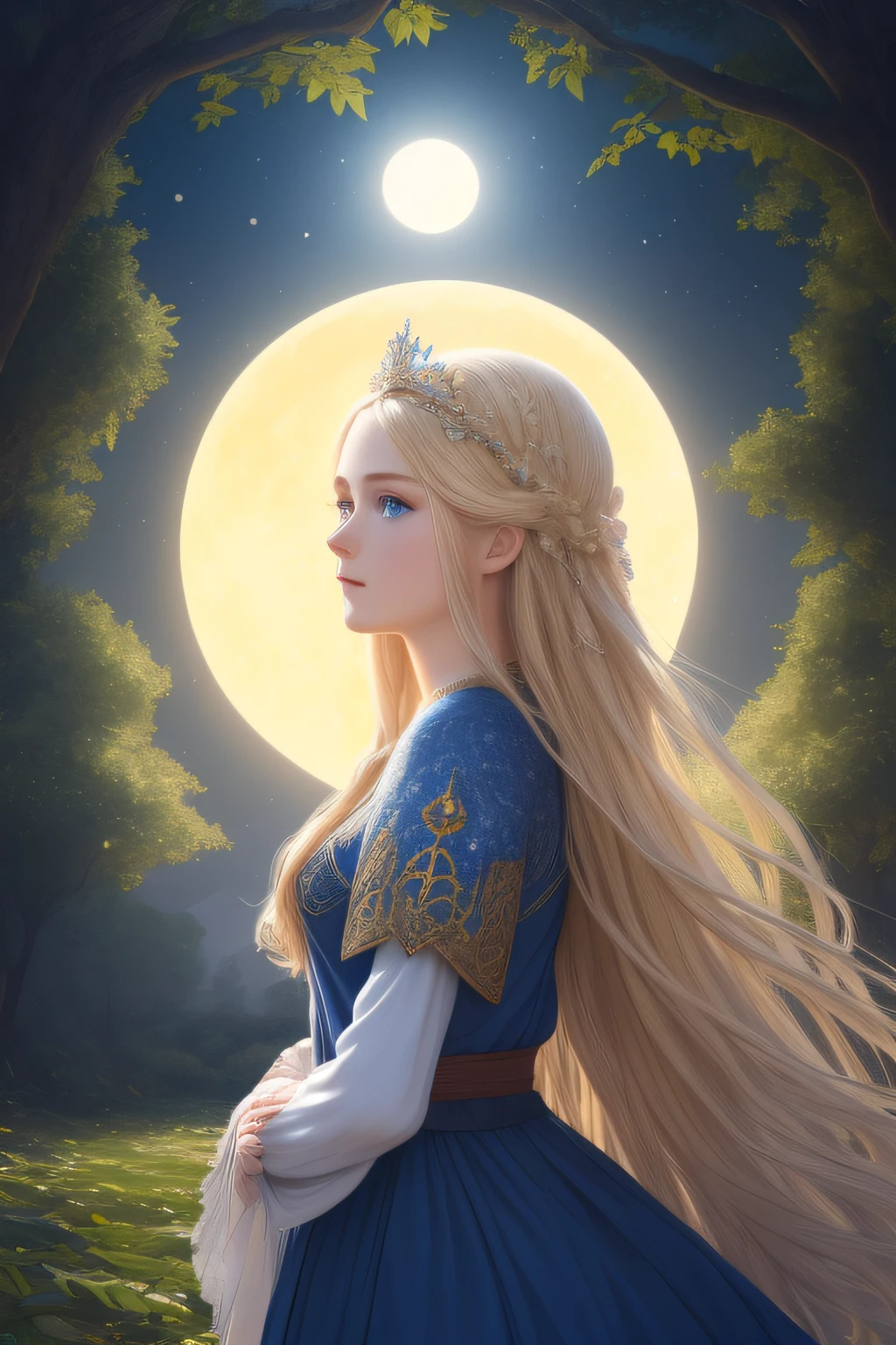 (Absurdres, Intricate Details, Masterpiece, Best Quality, High Resolution, 8k), 1 beautiful princess, young, (((finely detailed eyes and face, delicate perfect face,))) blue eyes, long blond hair, portrait, looking away from viewer, solo, full body, barefoot, detailed background, (RootsBranchesAI theme:1.1), high fantasy, casting elemental spell, floating in air, floating leaves, moons, suns, eclipse, mana, bright realistic lighting, medieval cenario in background, magical atmosphere, VFX.