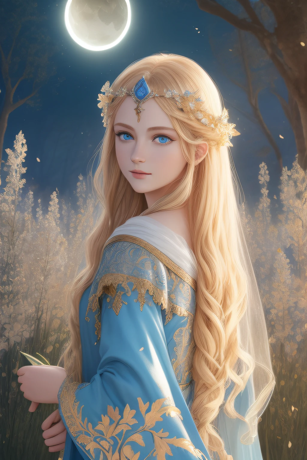 (Absurdres, Intricate Details, Masterpiece, Best Quality, High Resolution, 8k), 1 beautiful princess, young, (((finely detailed eyes and face, delicate perfect face,))) blue eyes, long blond hair, portrait, looking away from viewer, solo, full body, barefoot, detailed background, (RootsBranchesAI theme:1.1), high fantasy, casting elemental spell, floating in air, floating leaves, moons, suns, eclipse, mana, bright realistic lighting, medieval cenario in background, magical atmosphere, VFX.