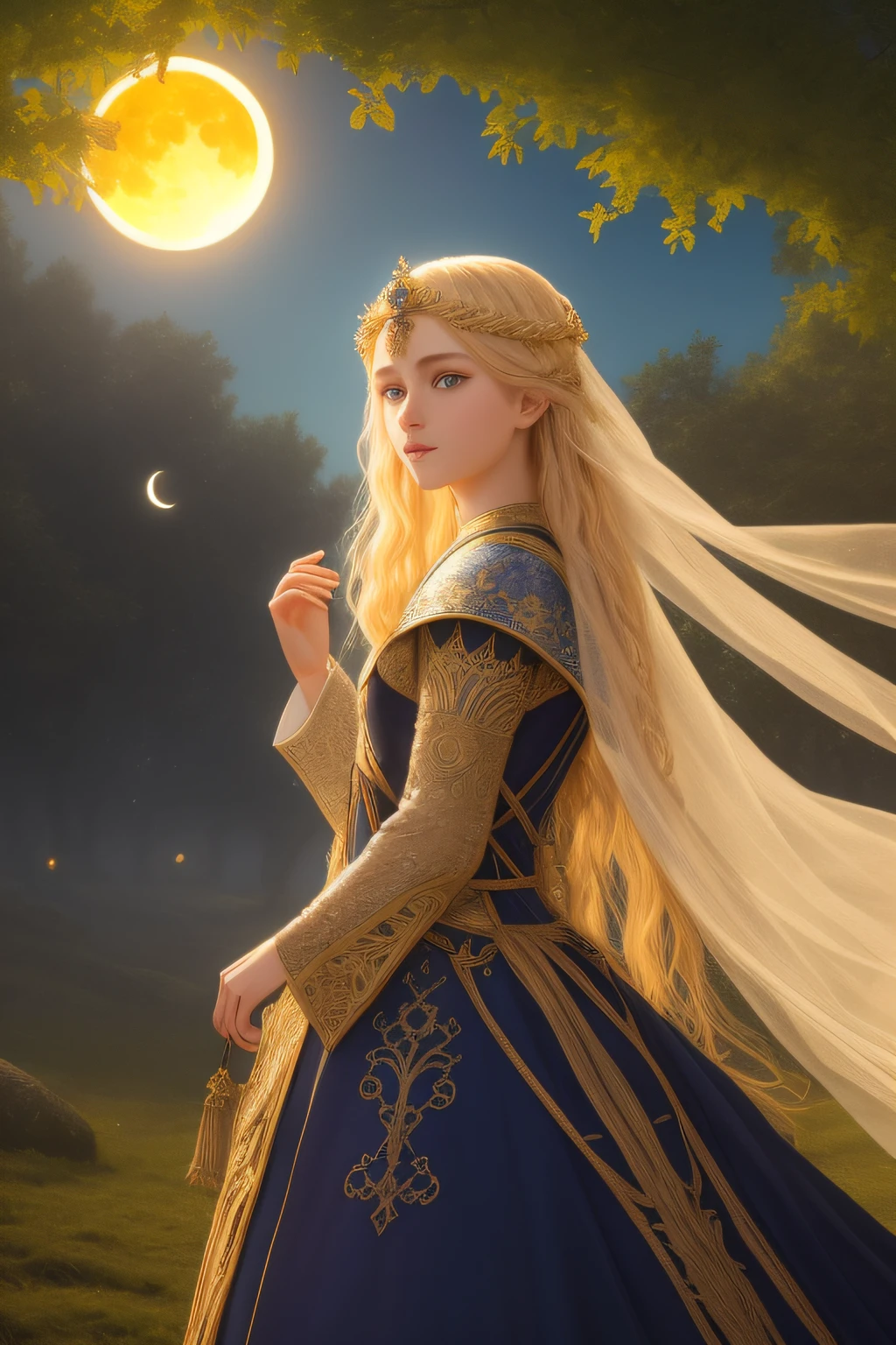 (Absurdres, Intricate Details, Masterpiece, Best Quality, High Resolution, 8k), 1 beautiful princess, young, (((finely detailed eyes and face, delicate perfect face,))) blue eyes, long blond hair, portrait, looking away from viewer, solo, full body, barefoot, detailed background, (RootsBranchesAI theme:1.1), high fantasy, casting elemental spell, floating in air, floating leaves, moon, sun, eclipse, mana, bright realistic lighting, medieval cenario in background, magical atmosphere, VFX.