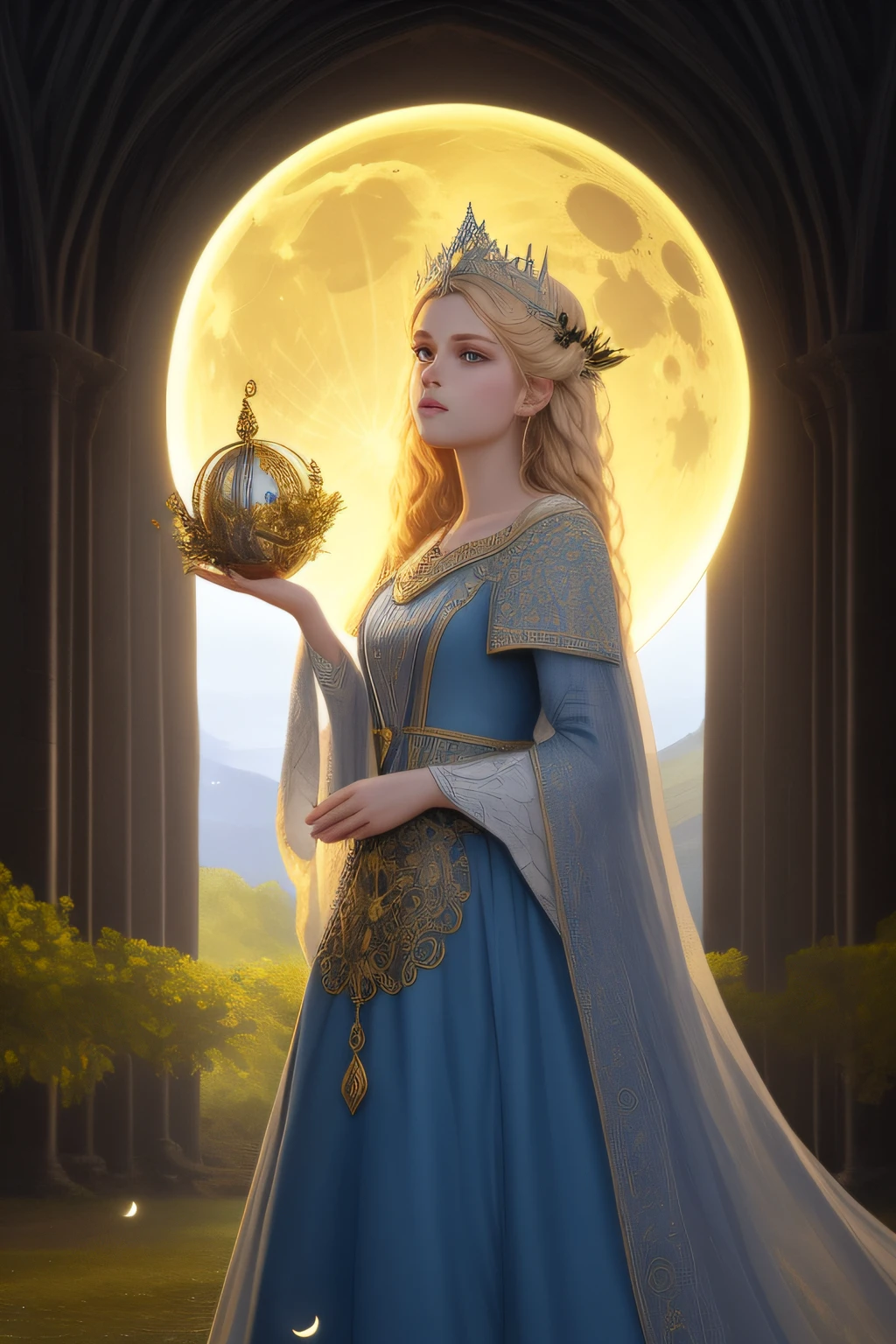 (Absurdres, Intricate Details, Masterpiece, Best Quality, High Resolution, 8k), 1 beautiful princess, young, (((finely detailed eyes and face, delicate perfect face,))) blue eyes, long blond hair, portrait, looking away from viewer, solo, full body, barefoot, detailed background, (RootsBranchesAI theme:1.1), high fantasy, casting elemental spell, floating in air, floating leaves, moon, sun, eclipse, mana, bright realistic lighting, medieval cenario in background, magical atmosphere, VFX.