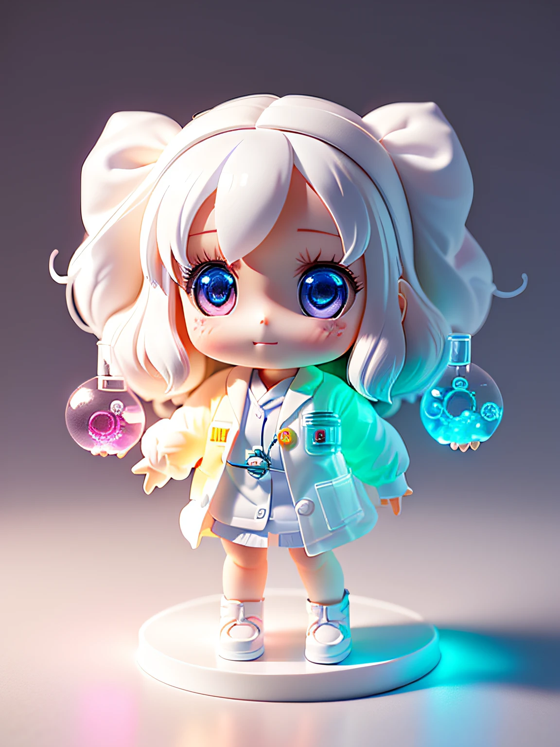 Super cute girl full body 3D drawing, 1 pcs, good looking eyes, big eyes, cute, happy, c4d, pop matt blind box, white long hair, glowing bubbles, toys, solid color background, chibi, fluorescent translucency, luminous body, kawaii, doll, ((((scientist, white lab coat)))), reference table, pop mart blind box, Pixar, complex details, 3d rendering, blender, OC renderer, fol body reference sheet, Dribble, High Details, 8K, Studio Lighting, Loli, Petite, Child, Chibi, SD characters: 1.1, Magic Ruins background